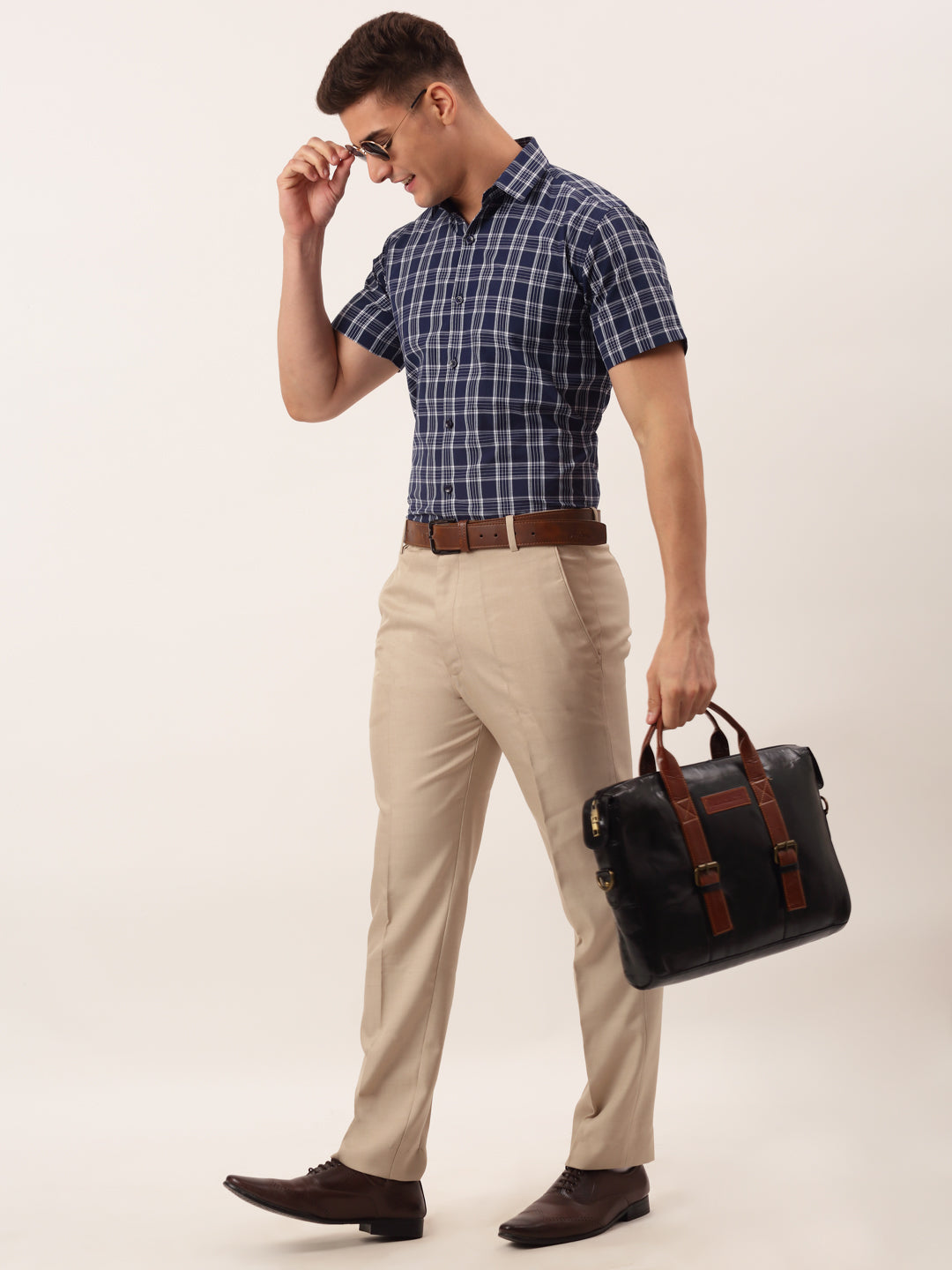 Indian Needle Men's Cotton Checked Half Sleeve Formal Shirts ( SF 808Blue )