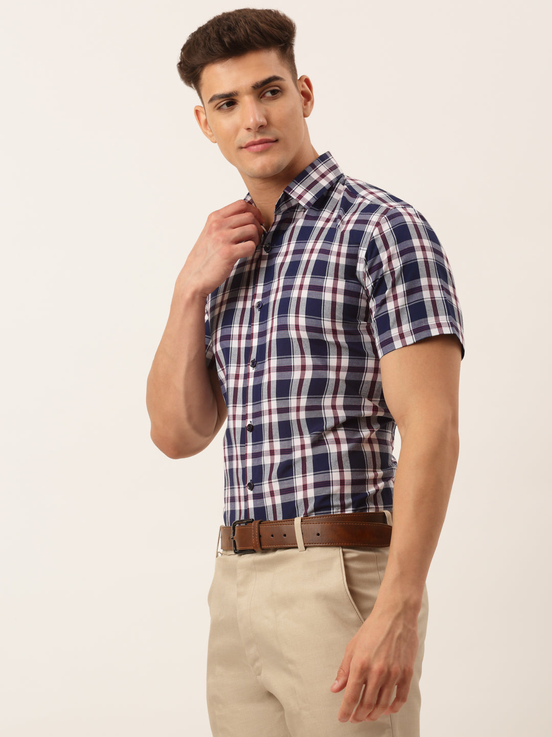 Indian Needle Men's Cotton Checked Half Sleeve Formal Shirts ( SF 808Navy )