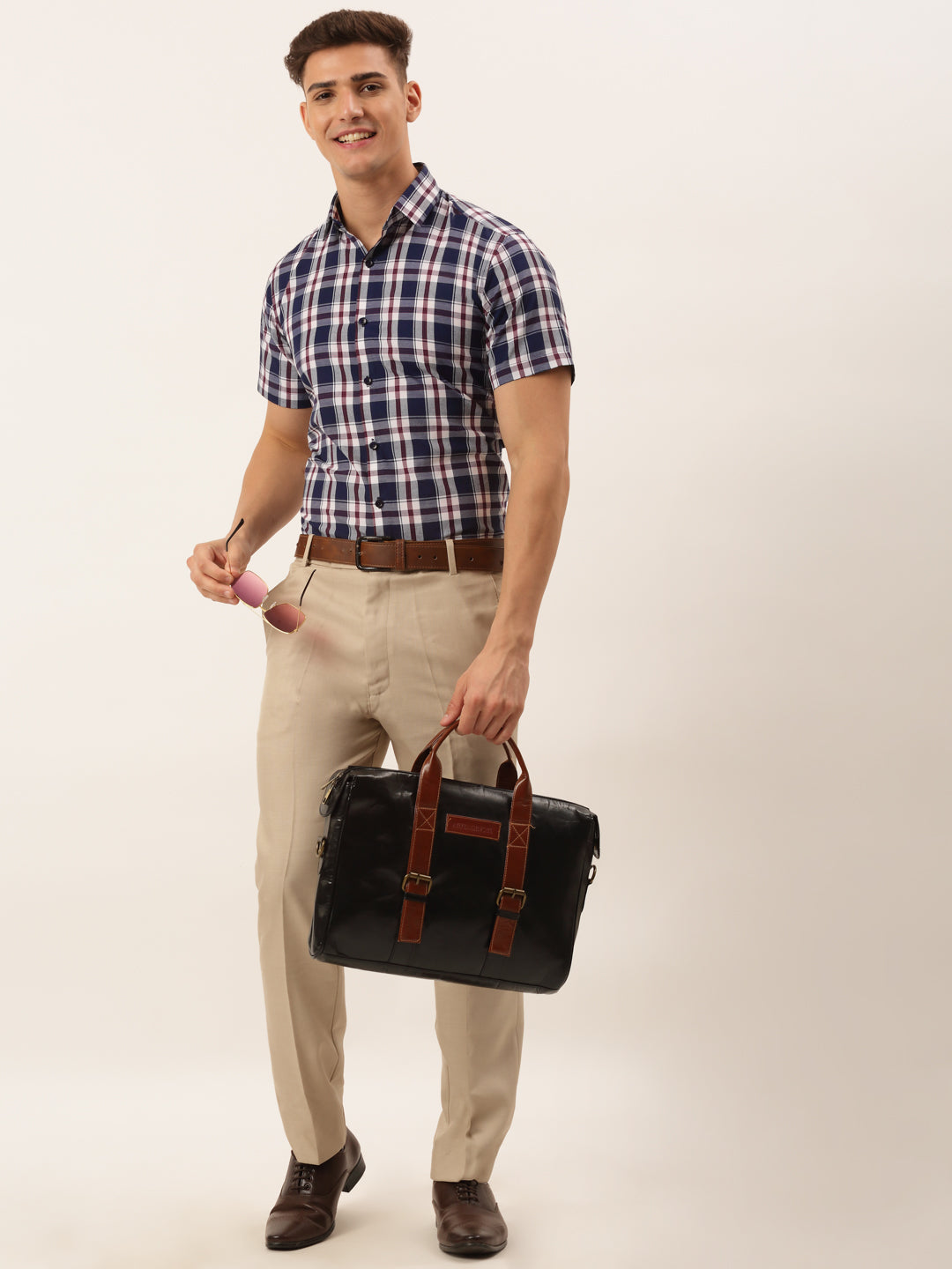 Indian Needle Men's Cotton Checked Half Sleeve Formal Shirts ( SF 808Navy )