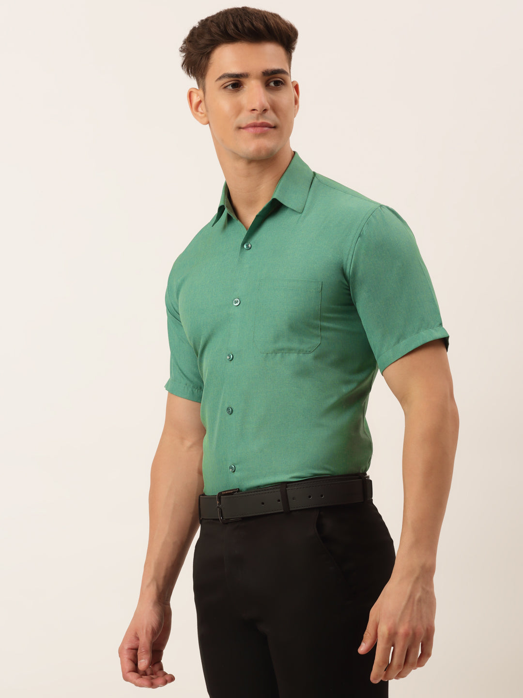 Indian Needle Men's Cotton Solid Half Sleeve Formal Shirts ( SF 811Green )