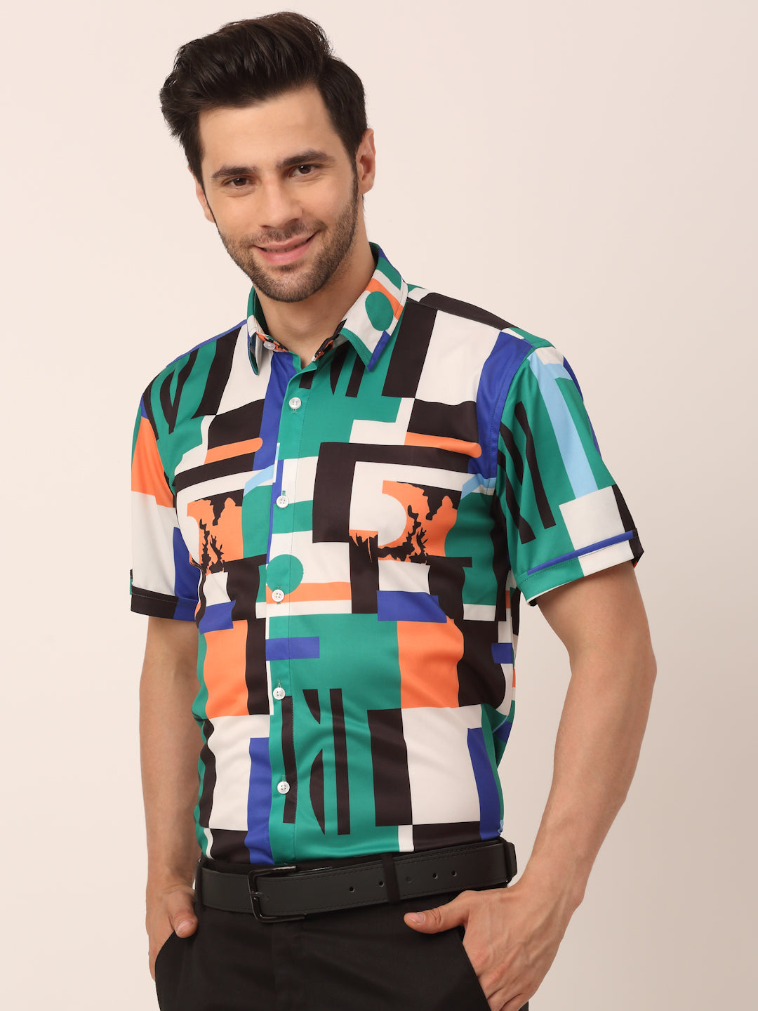 Indian Needle Men's Lycra Printed Half Sleeve Formal Shirts ( SF 814Green )