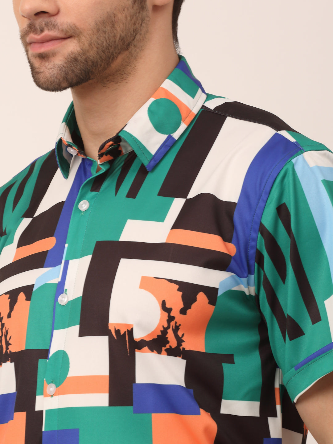 Indian Needle Men's Lycra Printed Half Sleeve Formal Shirts ( SF 814Green )