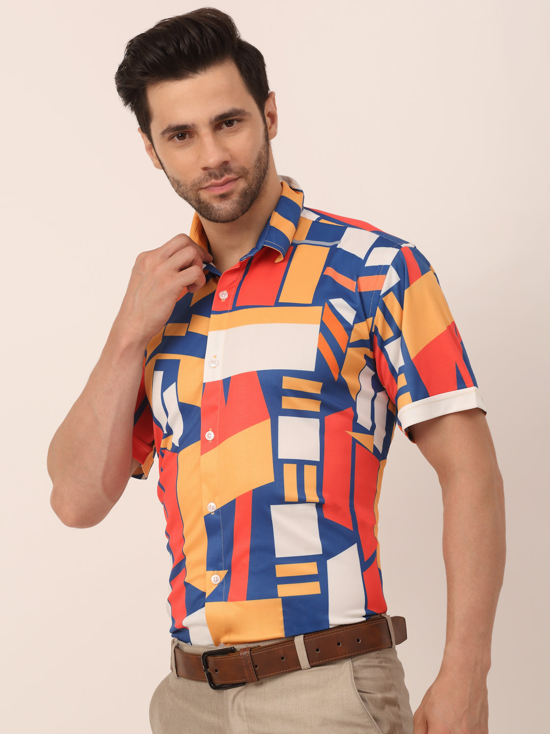 Indian Needle Men's Lycra Printed Half Sleeve Formal Shirts ( SF 814Navy )