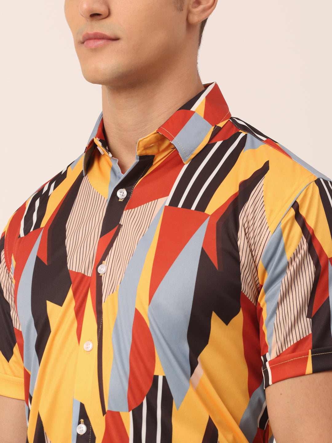 Indian Needle Men's Lycra Printed Half Sleeve Formal Shirts ( SF 814Yellow )