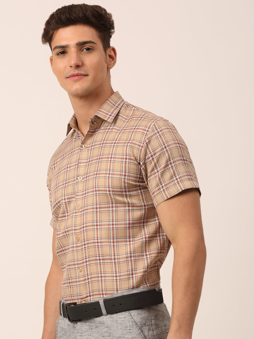 Indian Needle Men's Cotton Checked Half Sleeve Formal Shirts ( SF 815Brown )