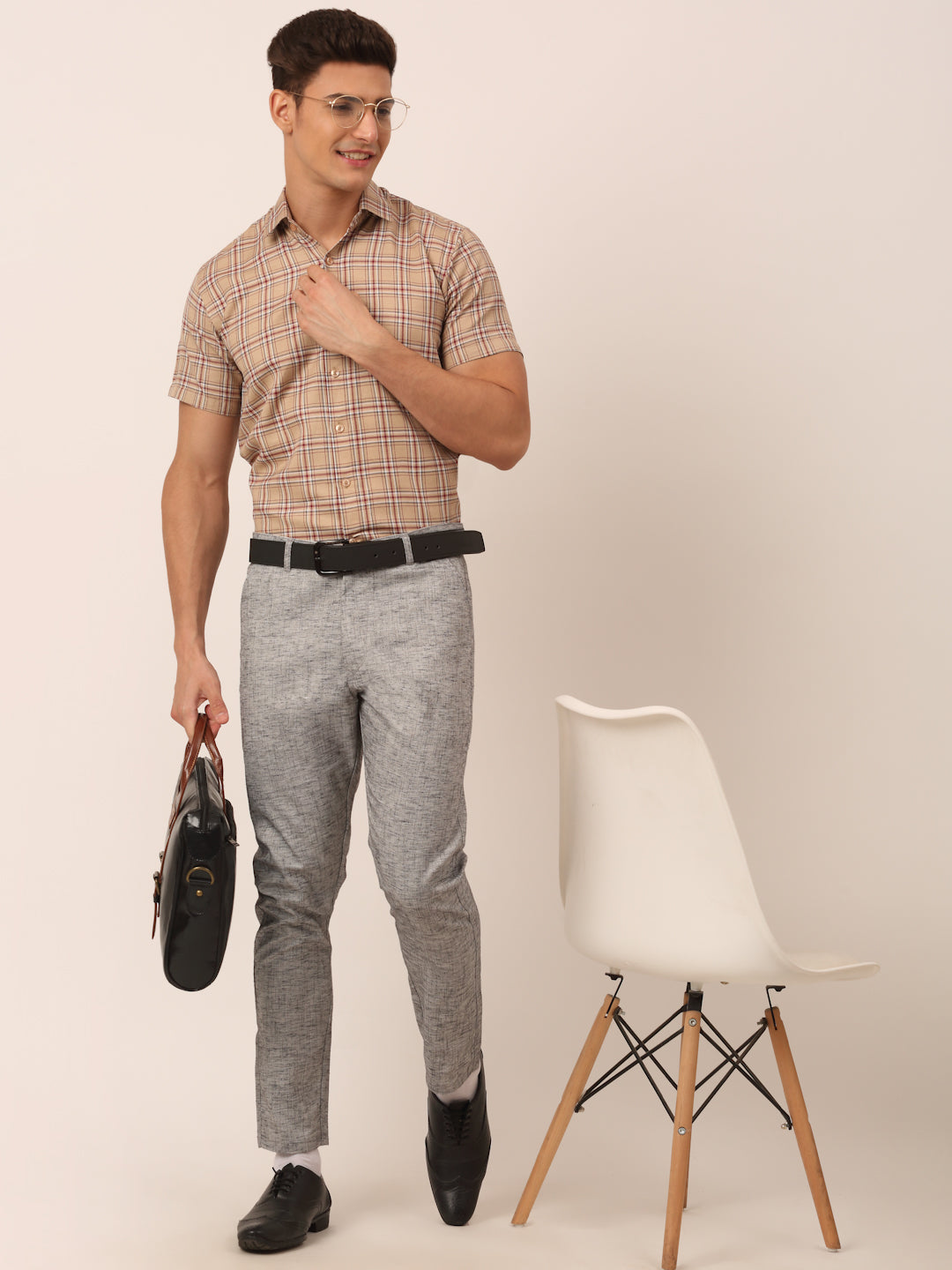 Indian Needle Men's Cotton Checked Half Sleeve Formal Shirts ( SF 815Brown )