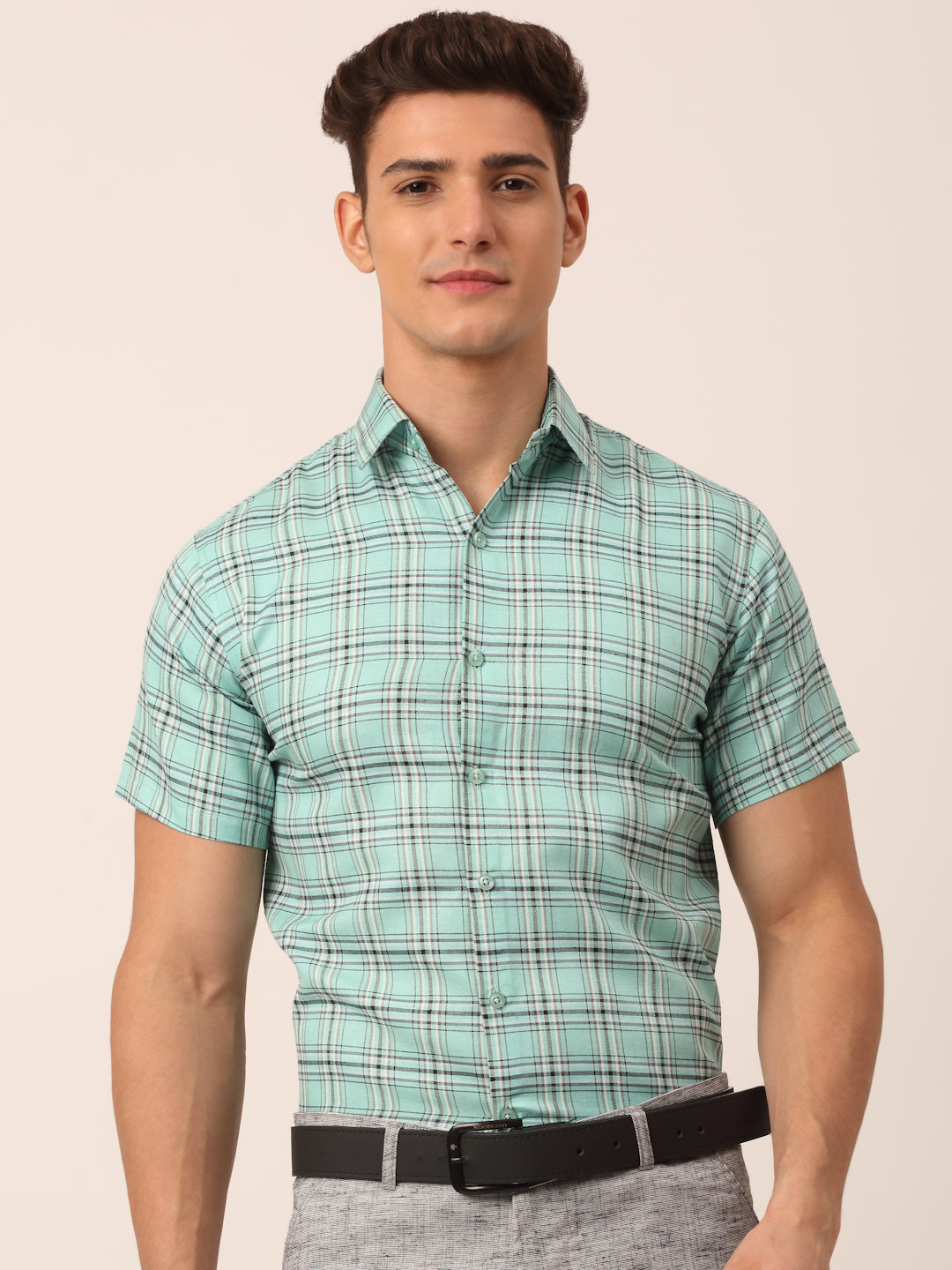 Indian Needle Men's Cotton Checked Half Sleeve Formal Shirts ( SF 815Green )