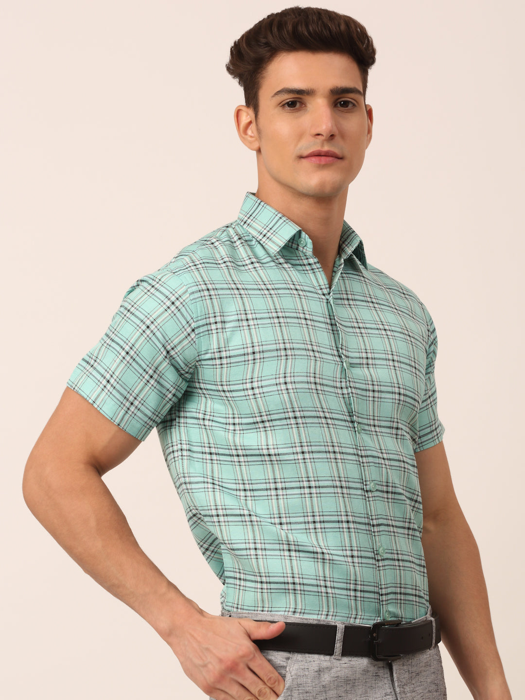 Indian Needle Men's Cotton Checked Half Sleeve Formal Shirts ( SF 815Green )