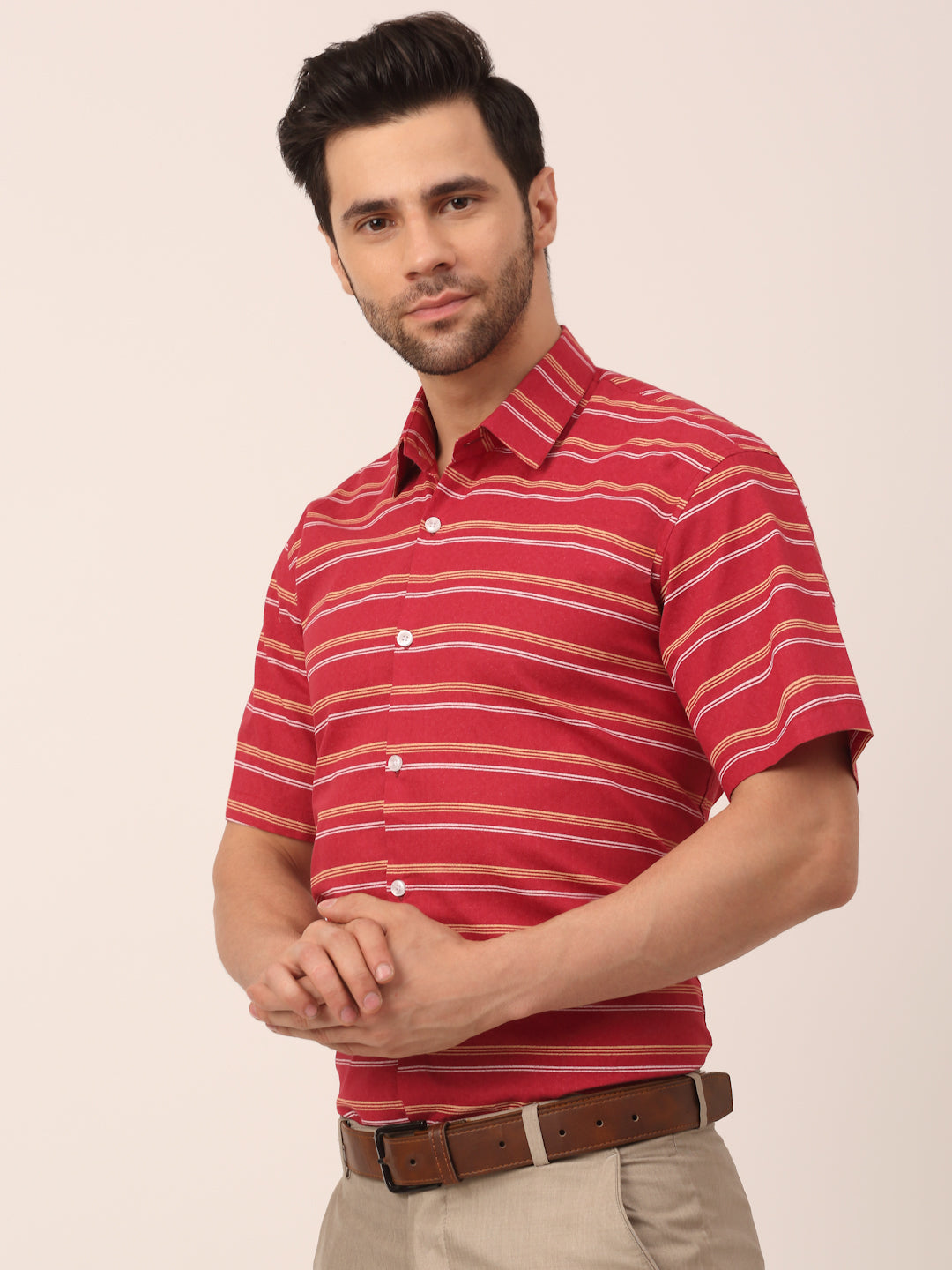 Indian Needle Men's Cotton Striped Half Sleeve Formal Shirts ( SF 816Maroon )