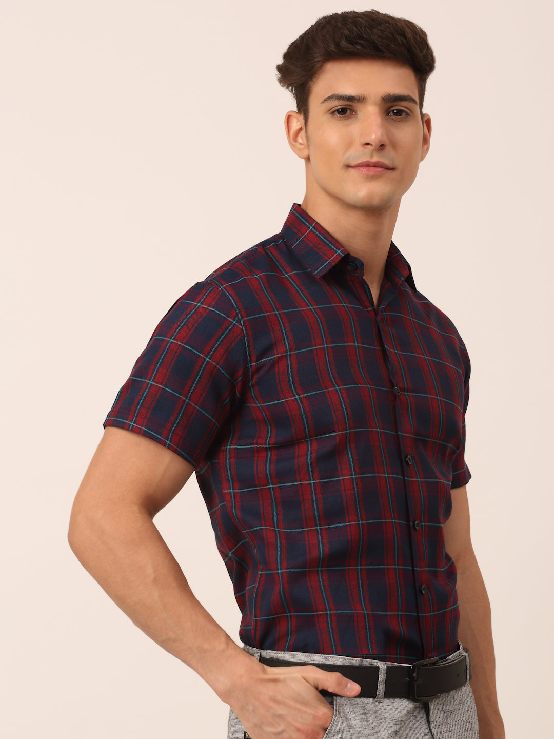 Indian Needle Men's Cotton Checked Half Sleeve Formal Shirts ( SF 818Red-Blue )