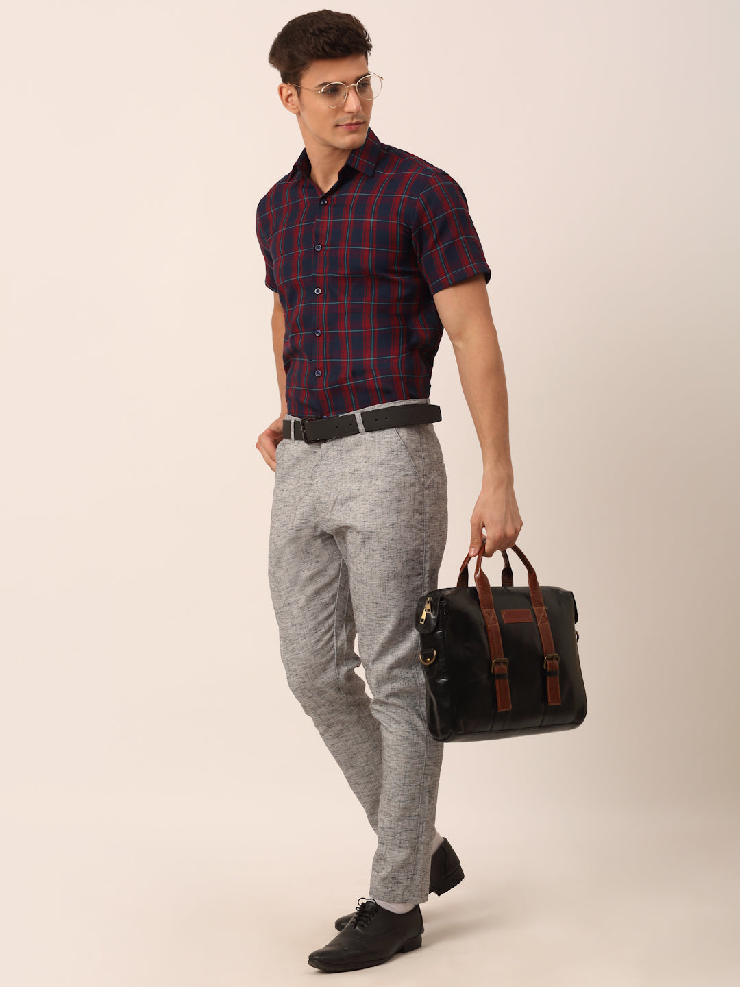 Indian Needle Men's Cotton Checked Half Sleeve Formal Shirts ( SF 818Red-Blue )