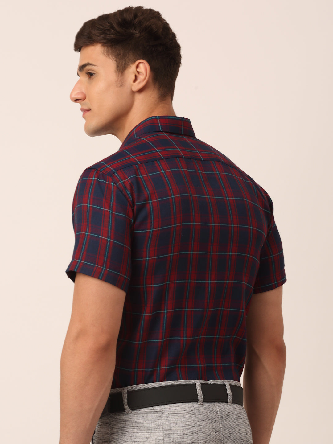 Indian Needle Men's Cotton Checked Half Sleeve Formal Shirts ( SF 818Red-Blue )