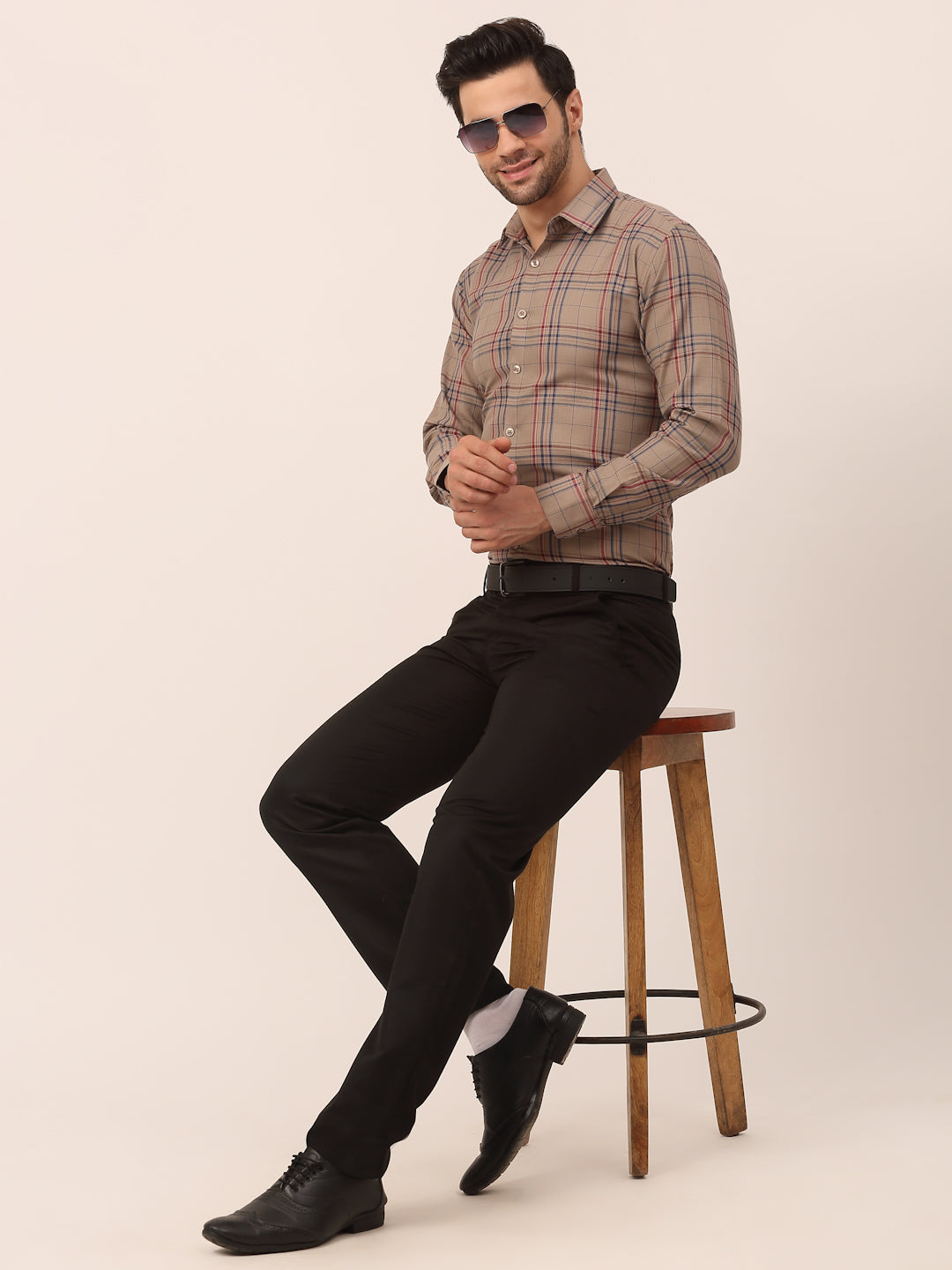 Indian Needle Men's Cotton Checked Formal Shirts ( SF 819Brown )