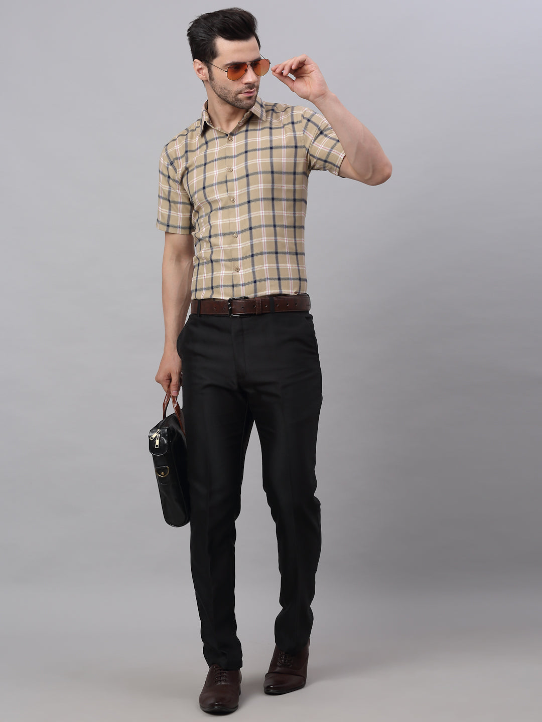 Men's Beige Half Sleeve Checked Formal Shirt
