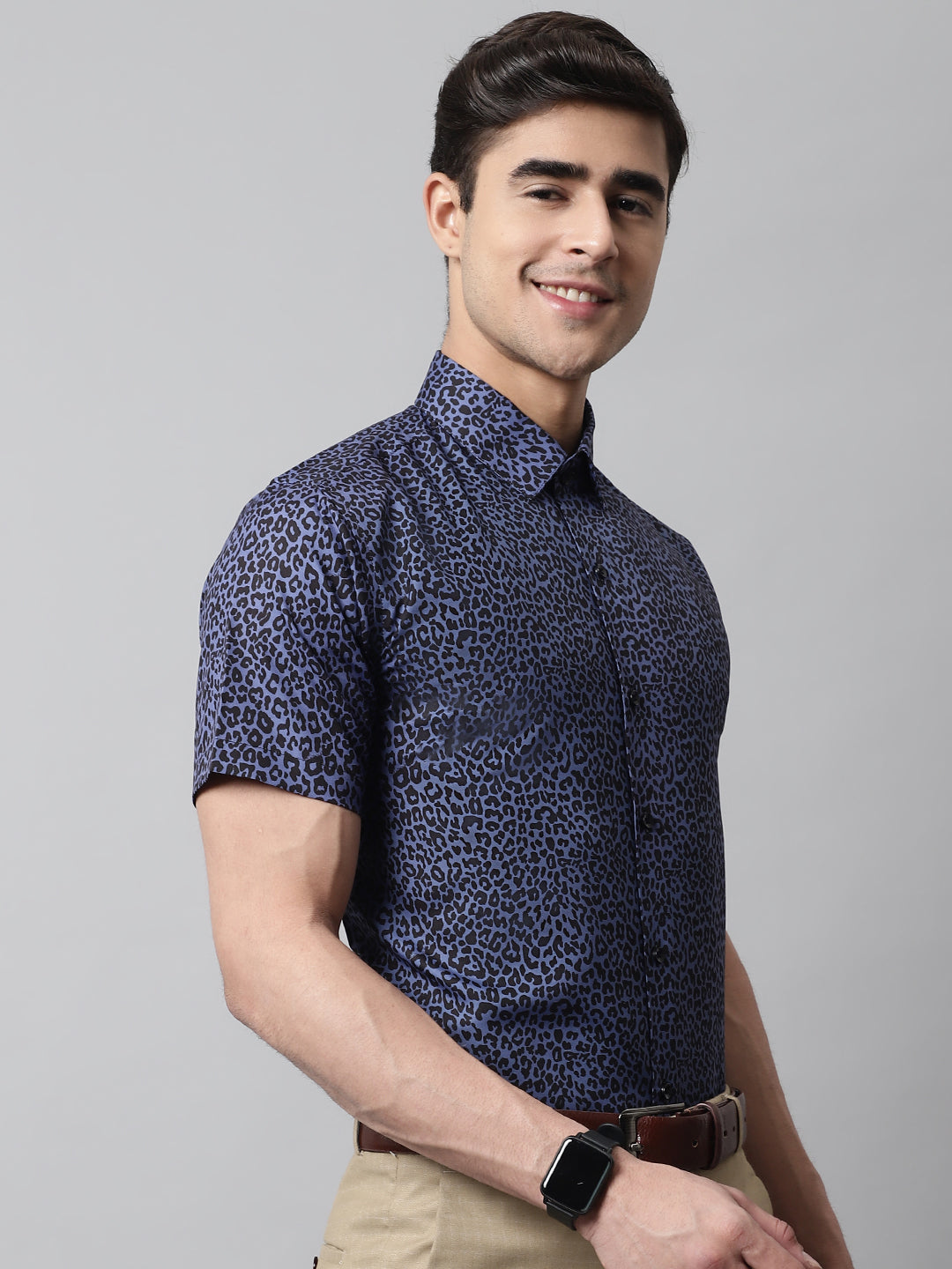 Men Navy Blue Classic Printed Formal Shirt