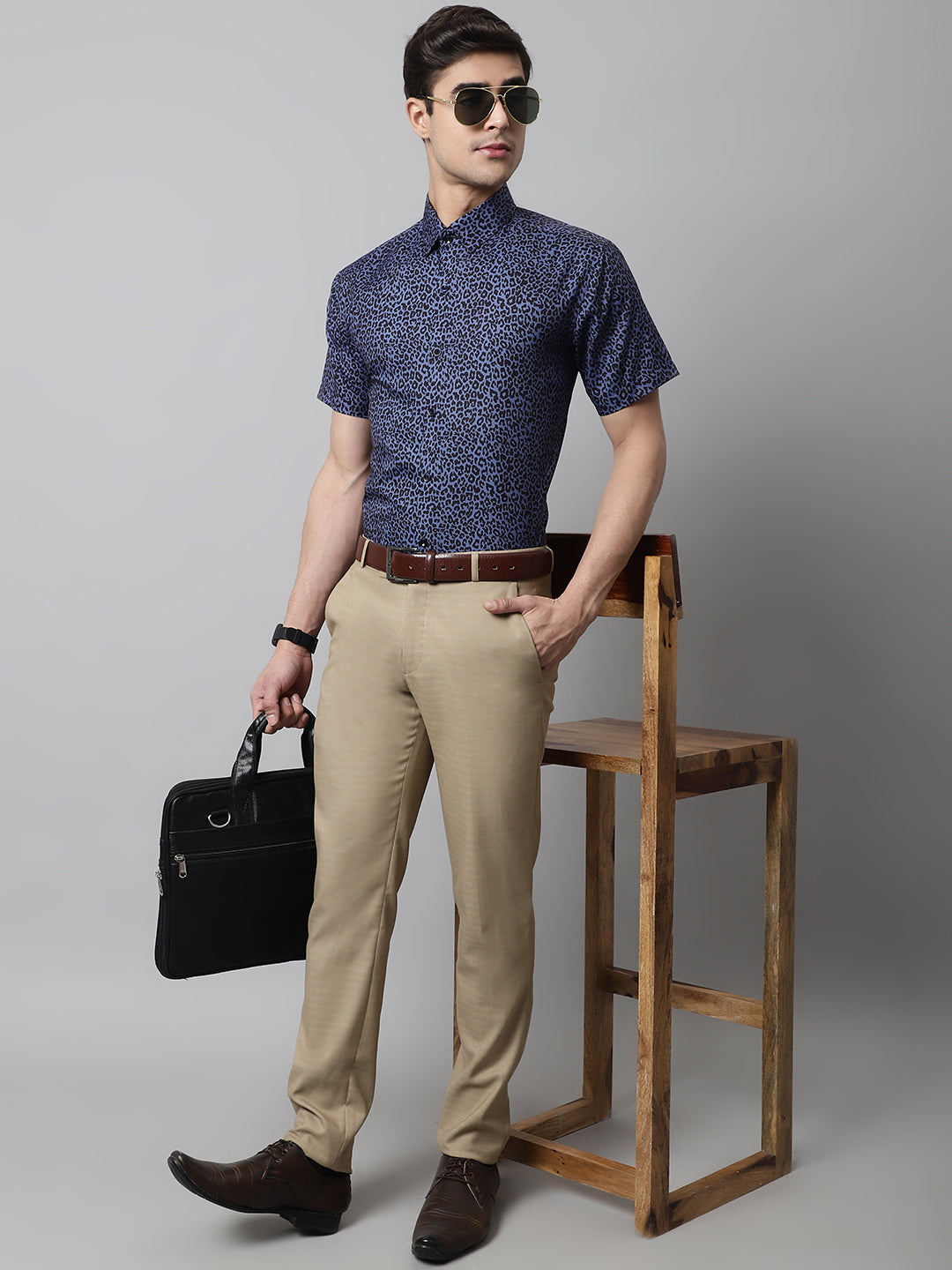 Men Navy Blue Classic Printed Formal Shirt