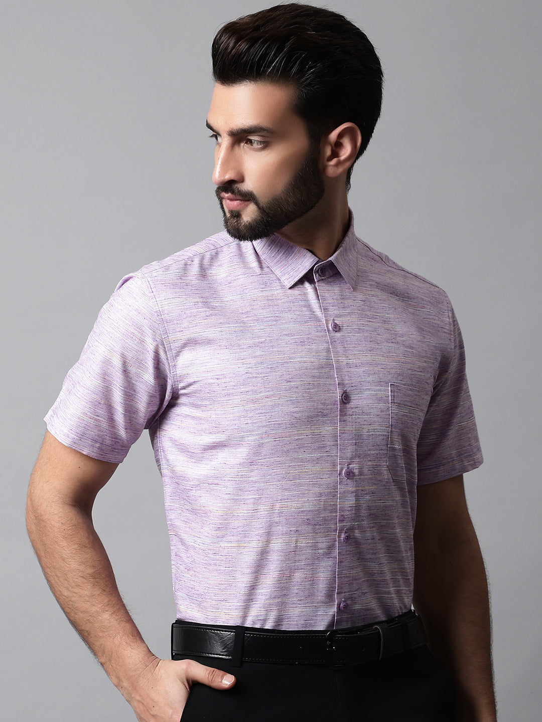 Men Purple Woven Design Short Sleeves Formal Shirt