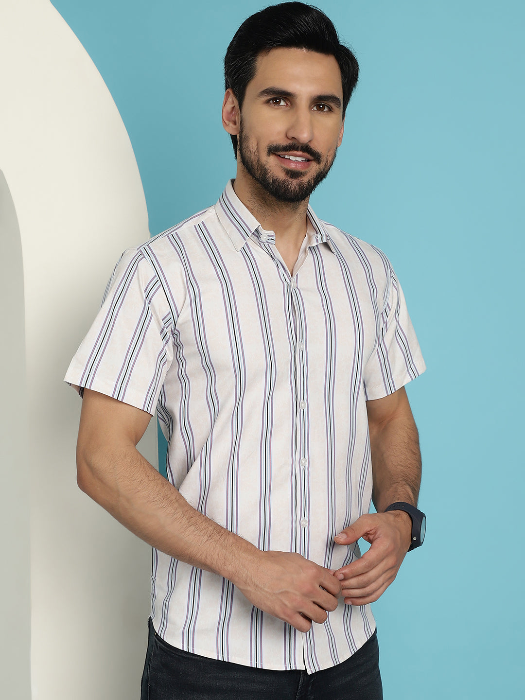 Men's Vertical Striped Half Sleeve Casual Shirt for Mens