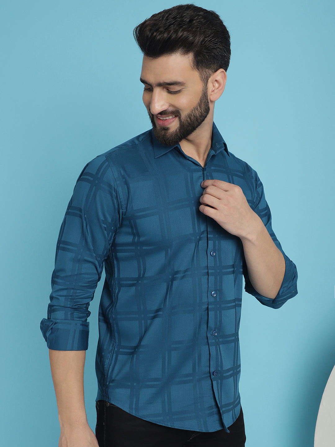 Peacock Blue Checked Casual Shirt