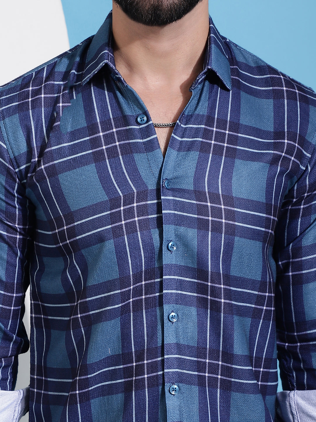 Blue Checked Cotton Casual Shirt for Men