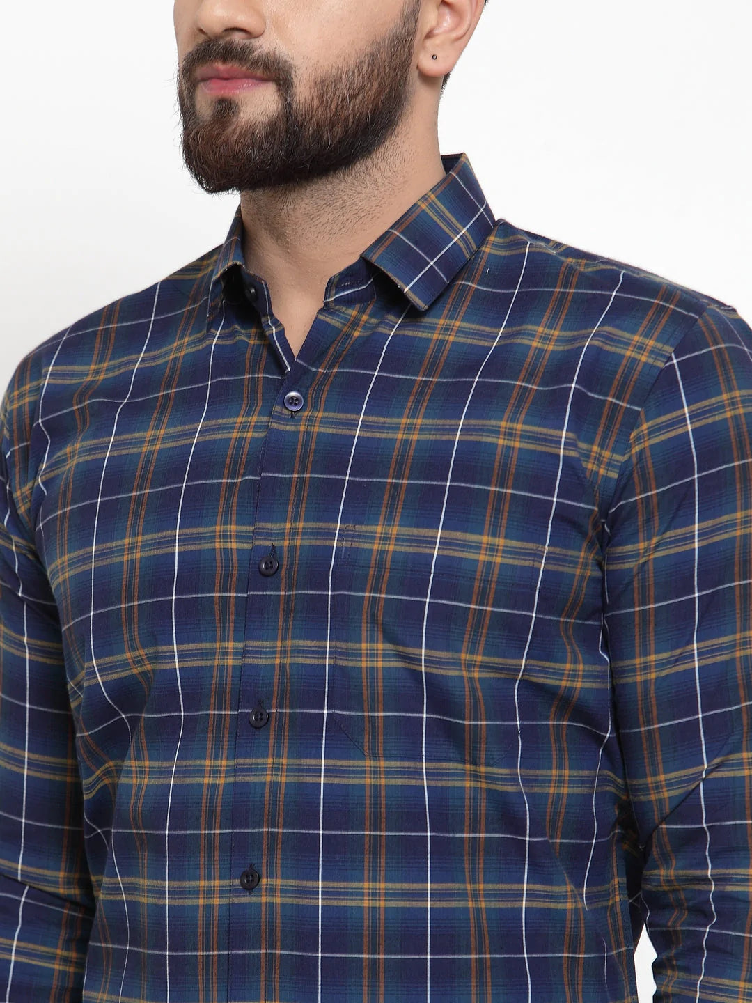 Jainish Blue Men's Cotton Checked Formal Shirts ( SF 741Royal-Blue )