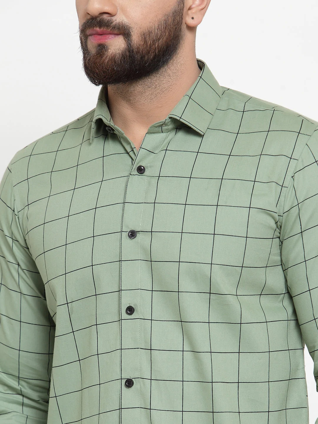 Jainish Green Men's Cotton Checked Formal Shirts ( SF 742Pista )