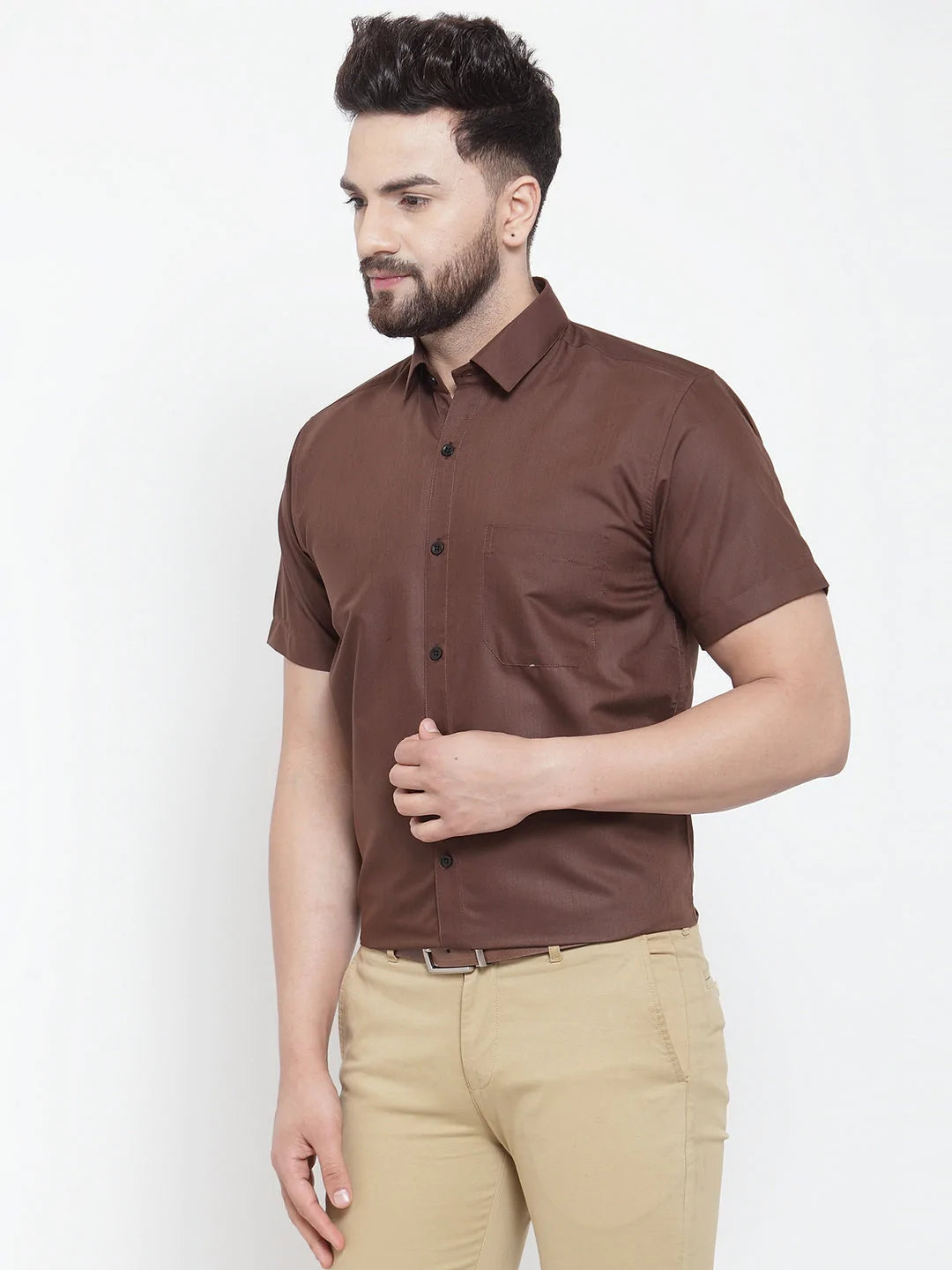 Jainish Brown Men's Cotton Half Sleeves Solid Formal Shirts ( SF 754Coffee )