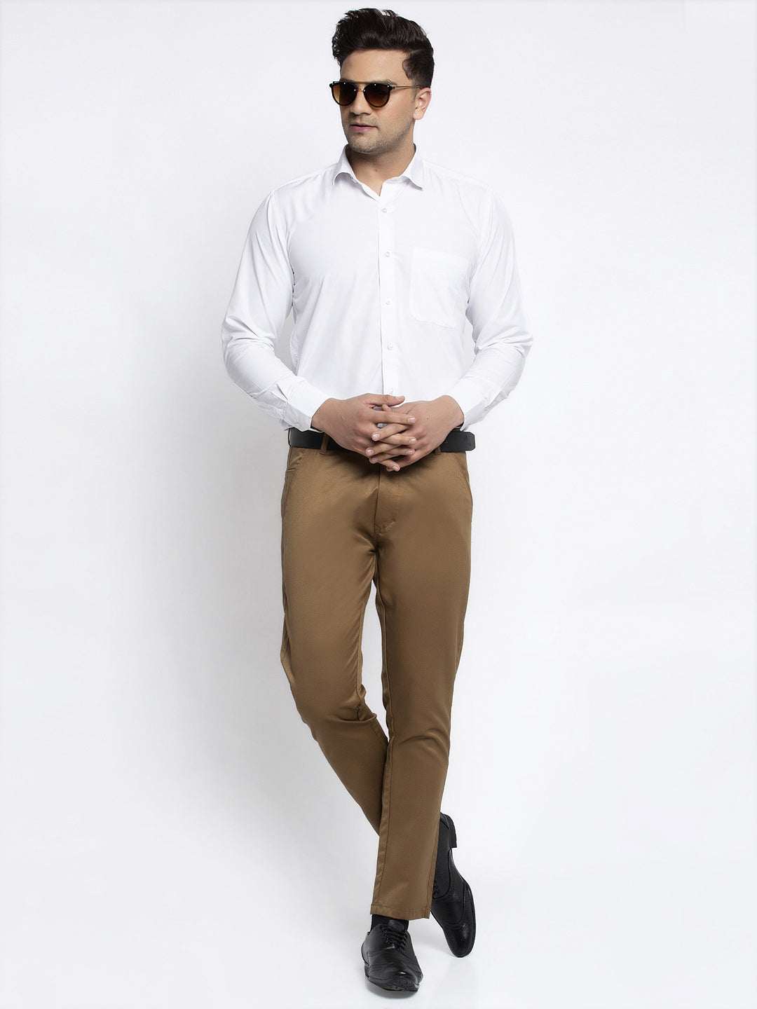 Jainish Men's Brown Tapered Fit Formal Trousers