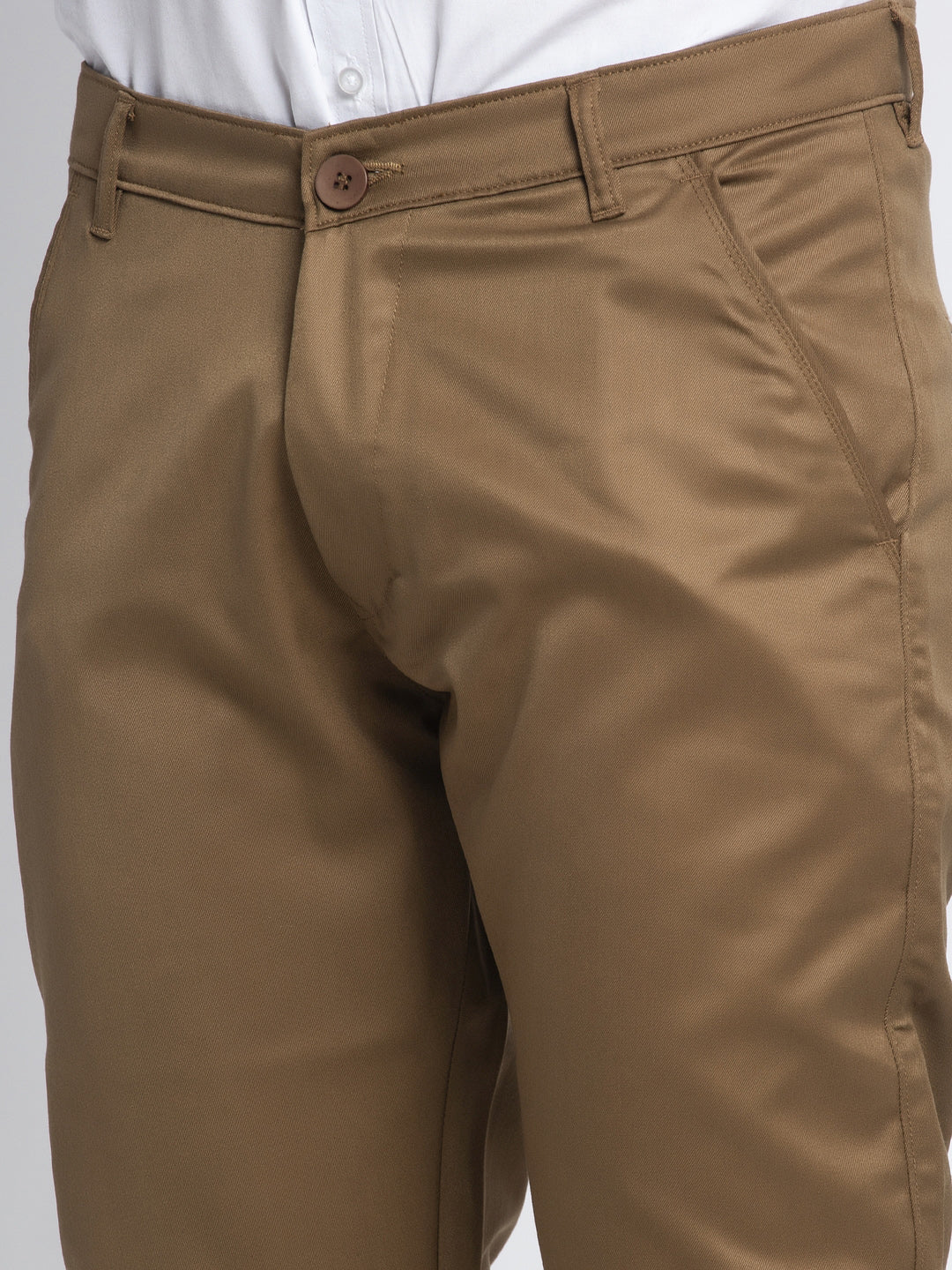 Jainish Men's Brown Tapered Fit Formal Trousers