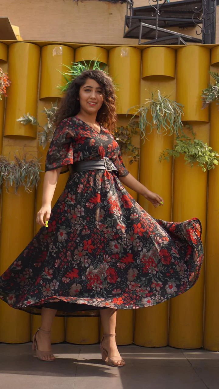 Jompers Women Black & Red Floral Printed Gorgette Flared Kurta ( JOK 1208 Red )