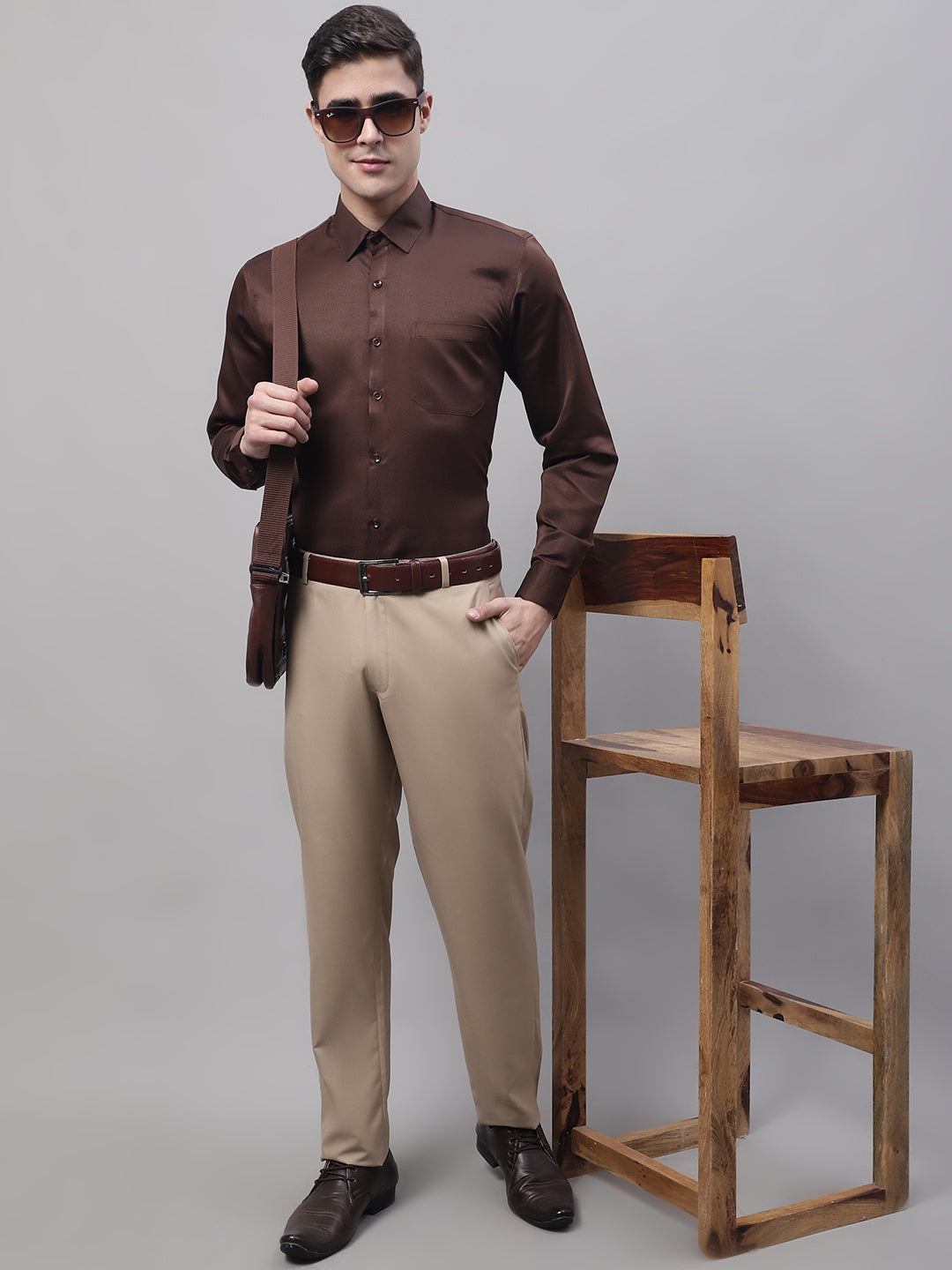 Jainish Men's Beige Tapered Fit Formal Trousers