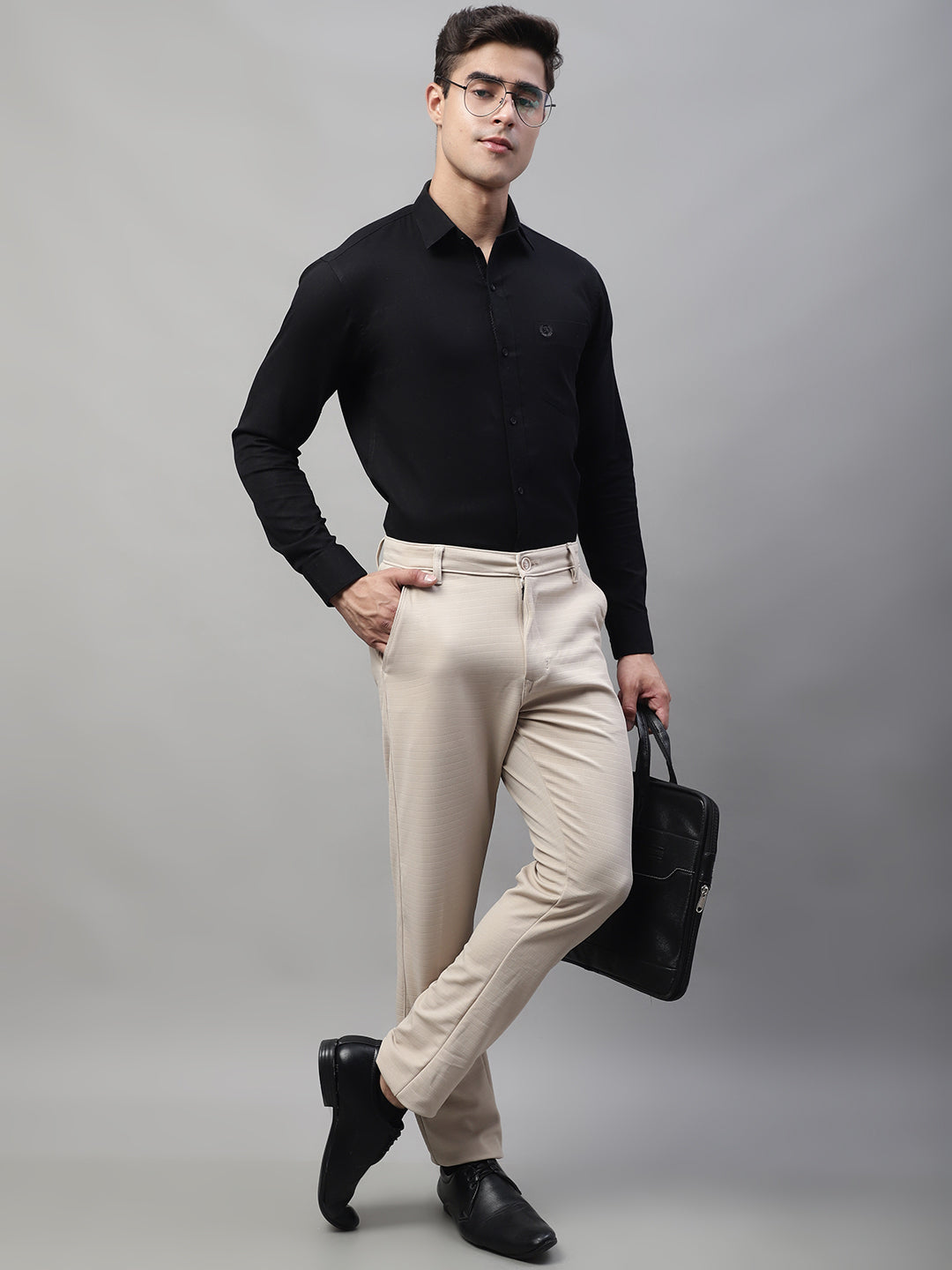 Jainish Men's Cream Tapered Fit Formal Trousers
