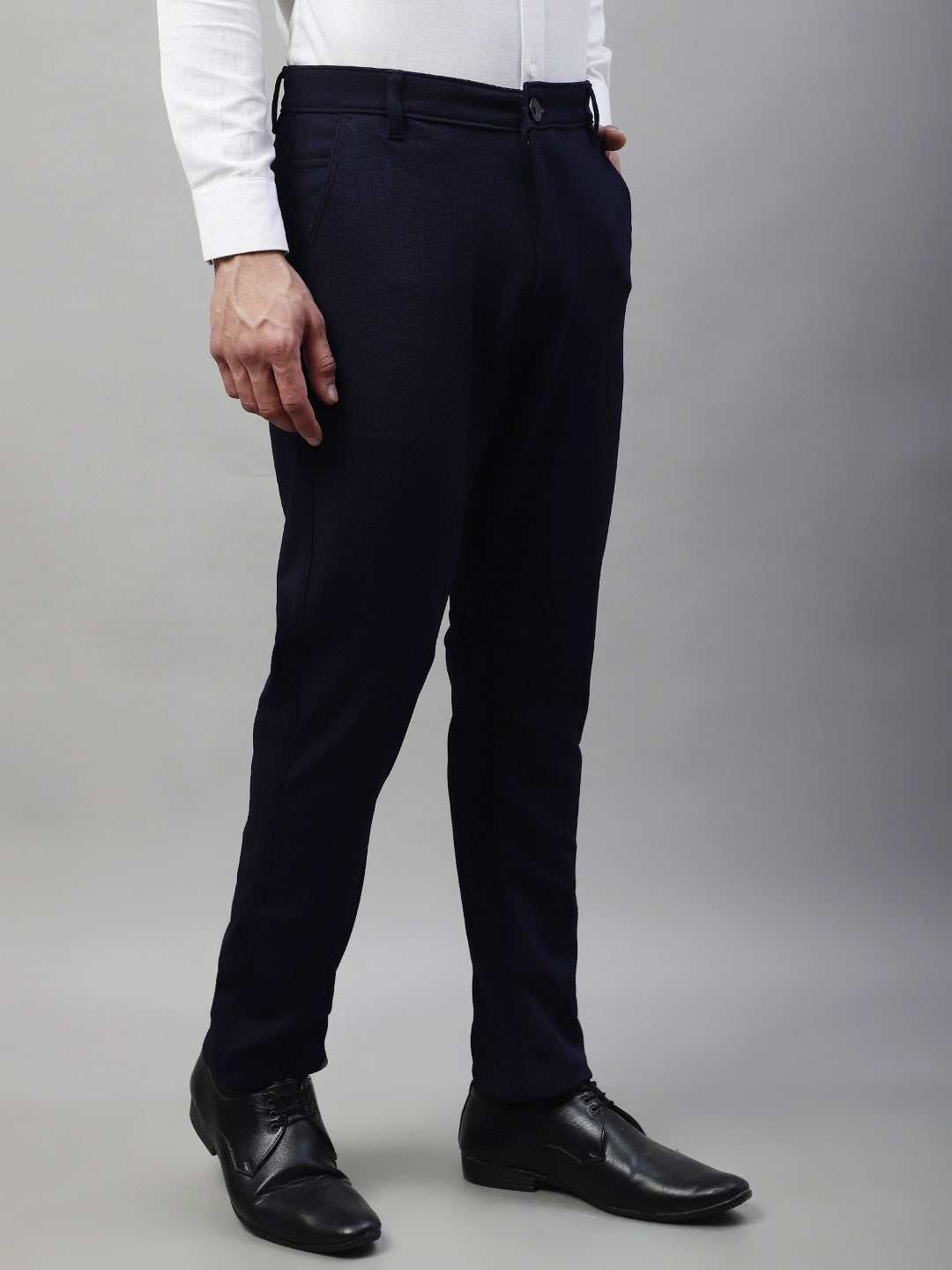 Jainish Men's Navy Blue Tapered Fit Formal Trousers