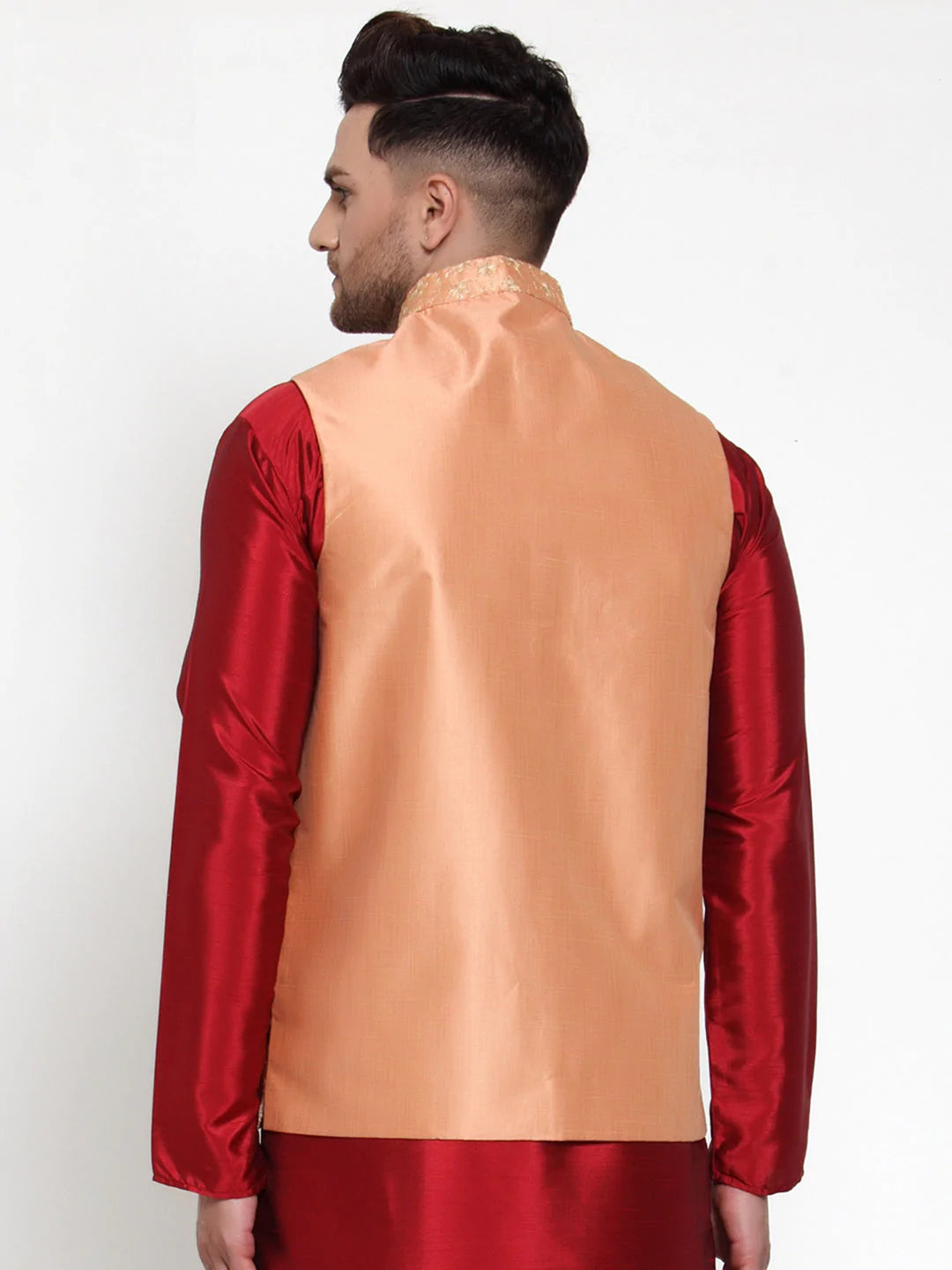 Jompers Men's Peach Embroidered Nehru Jacket ( JOWC 4015Peach )