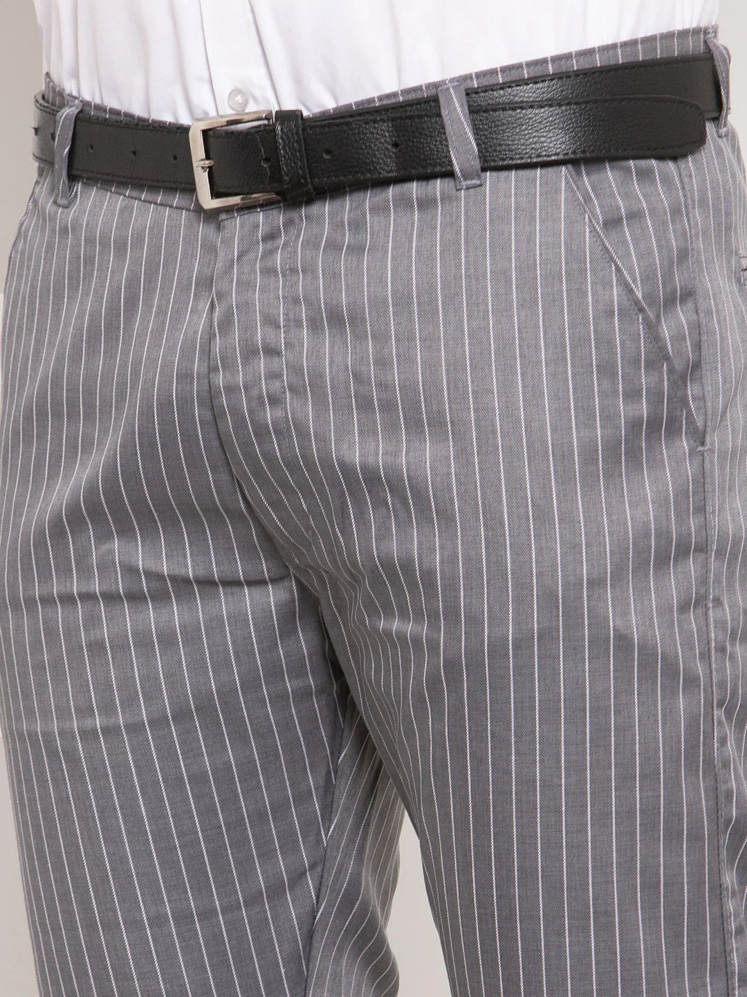 Jainish Men's Grey Cotton Striped Formal Trousers ( FGP 255Grey )
