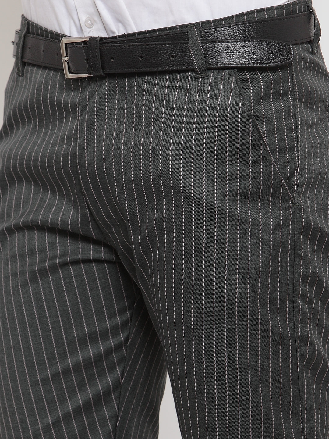 Jainish Men's Green Cotton Striped Formal Trousers ( FGP 255Olive )