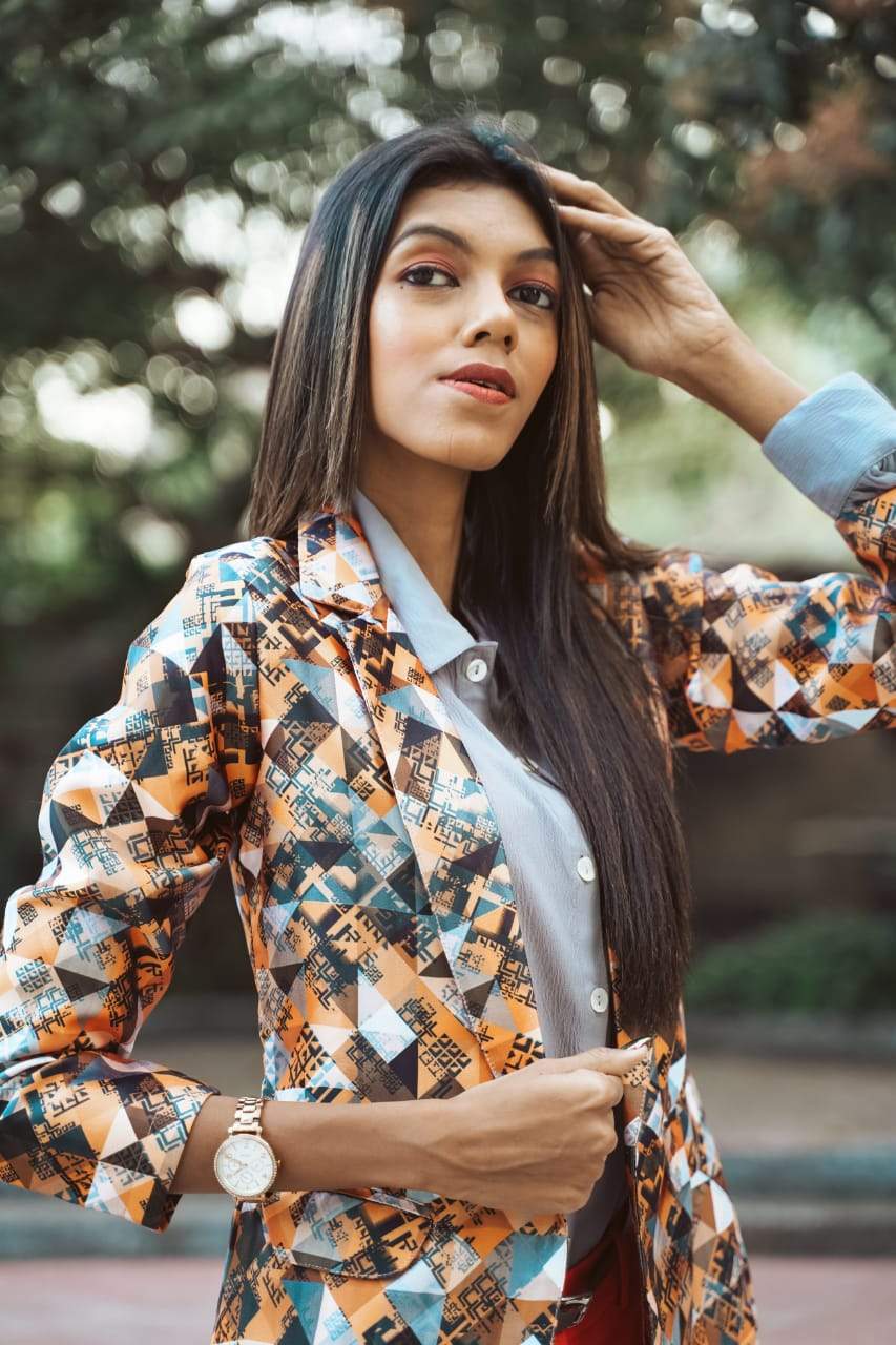 Jompers Women Mustard Yellow & Grey Satin Finish Printed Single-Breasted Blazer ( JOB 6002 Mustard )
