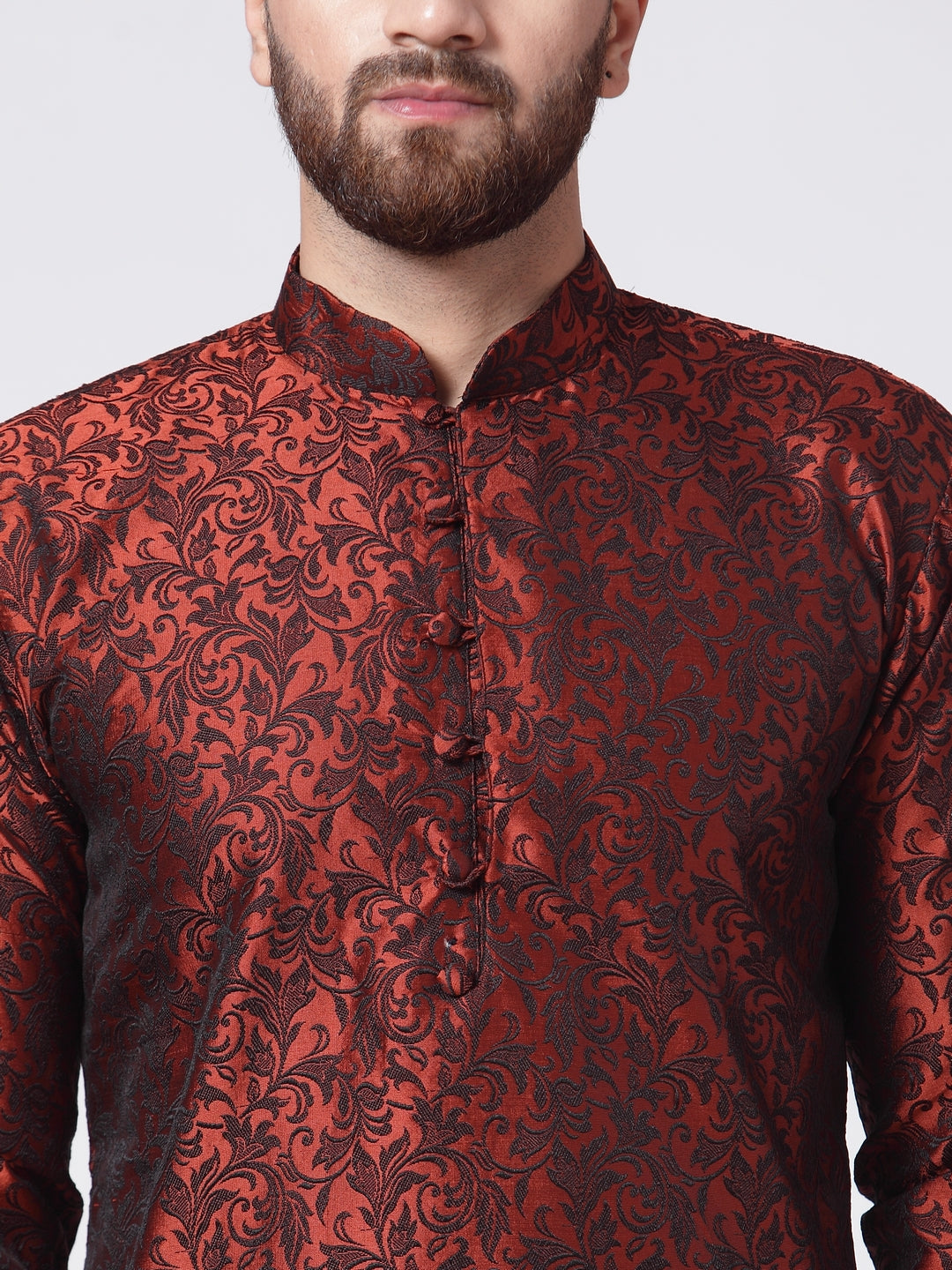 Men Maroon & Black Woven Design Kurta with Churidar