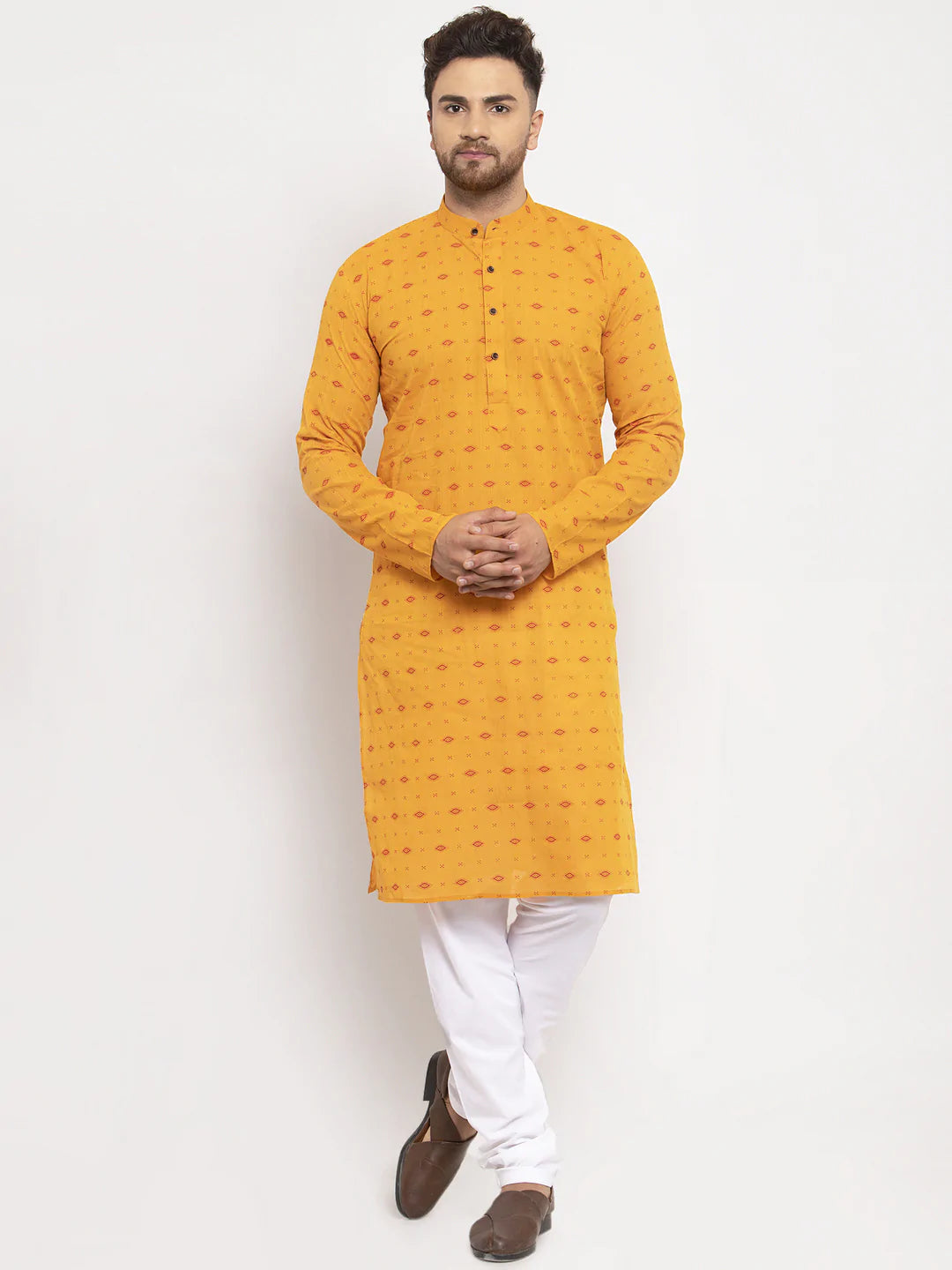 Jompers Men Yellow & White Cotton Printed Kurta with Pyjamas ( JOKP 614 Yellow )