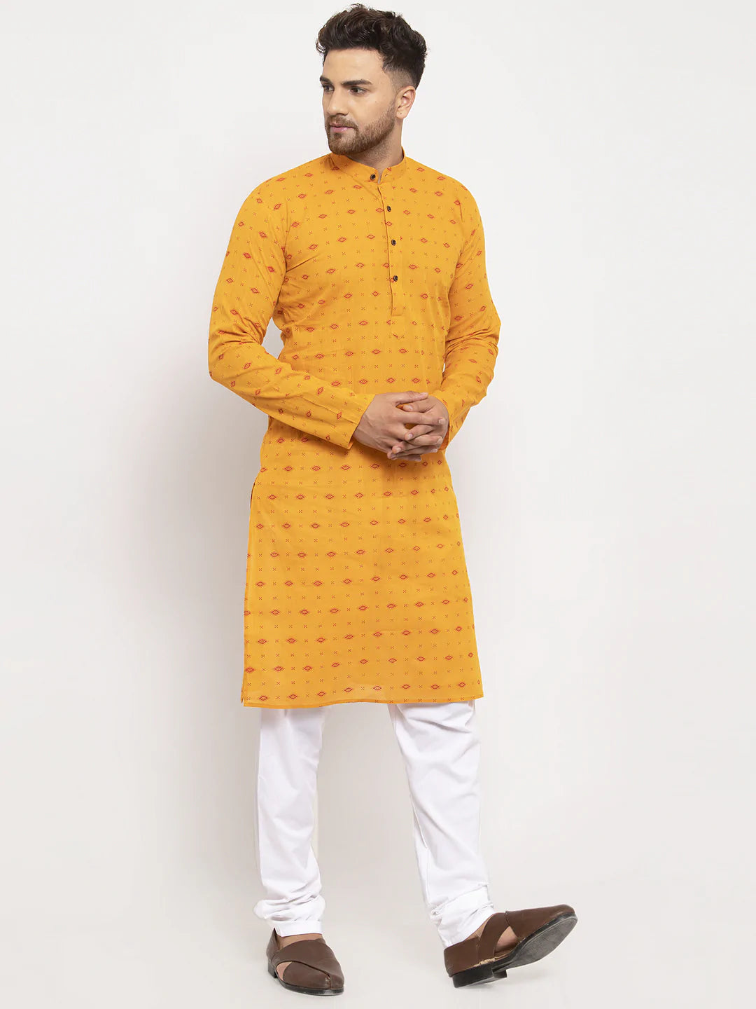 Jompers Men Yellow & White Cotton Printed Kurta with Pyjamas ( JOKP 614 Yellow )