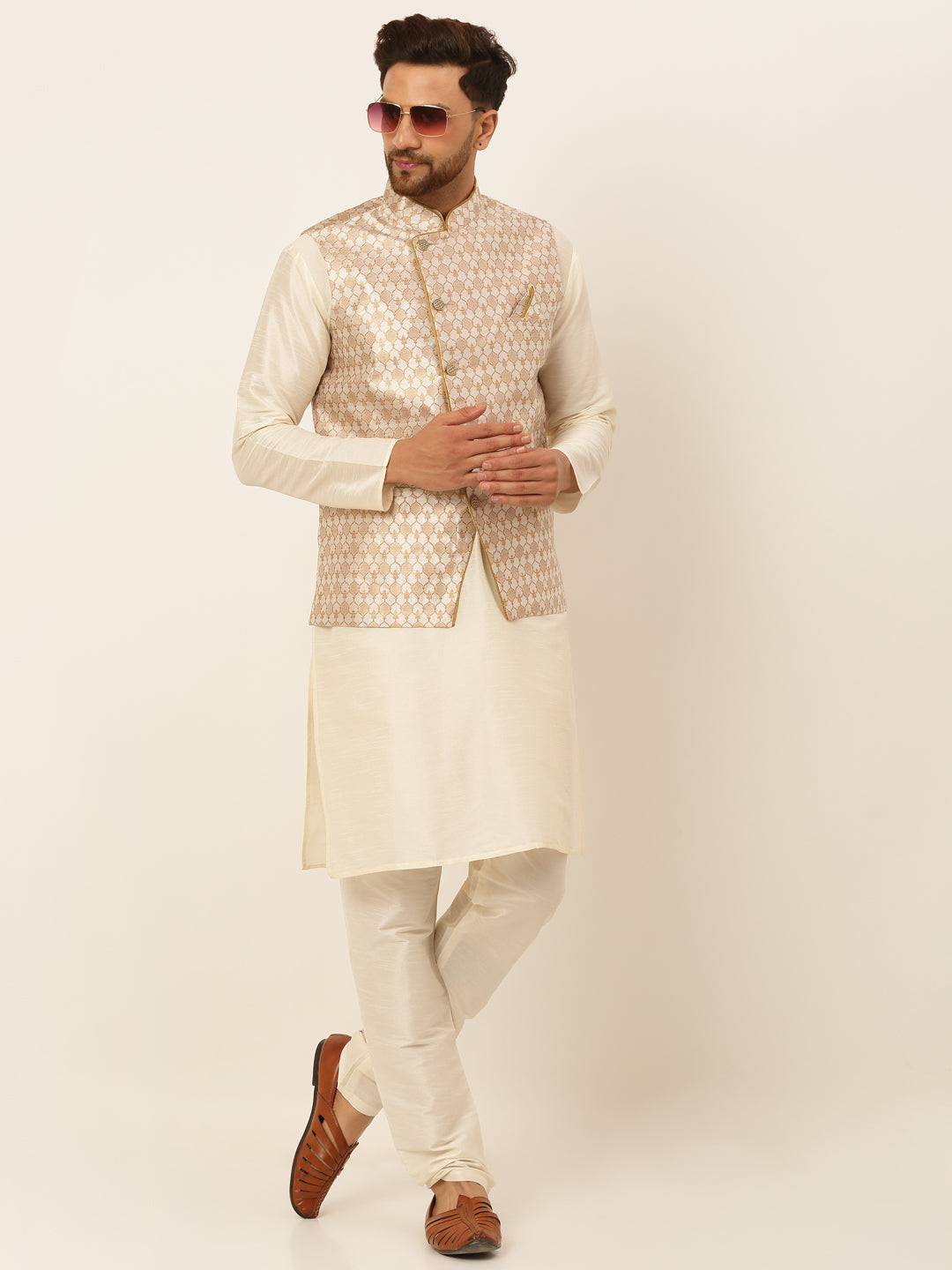 Men's Woven Design Waistcoat ( JOWC 4048Silver )