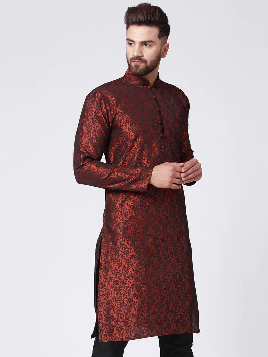 Men Maroon & Black Self Design Kurta Only ( KO 517 Maroon )