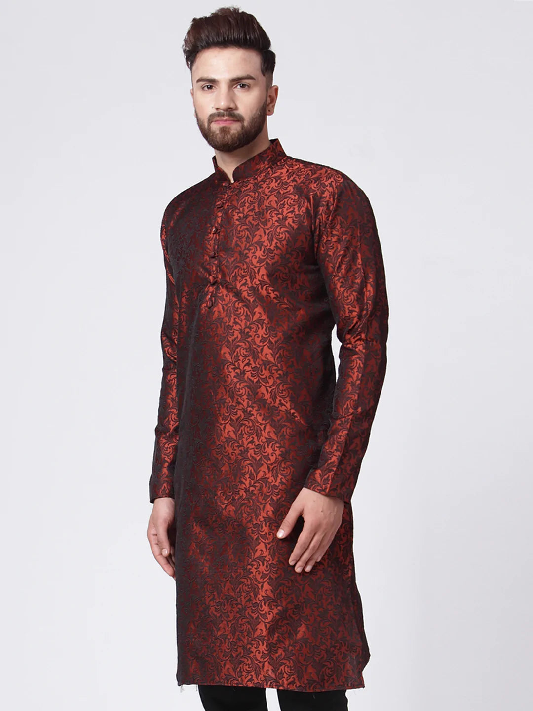 Men Maroon & Black Self Design Kurta Only ( JOK 517 Maroon )