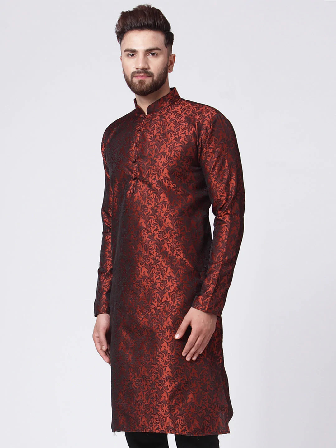 Men Maroon & Black Self Design Kurta Only ( KO 517 Maroon )