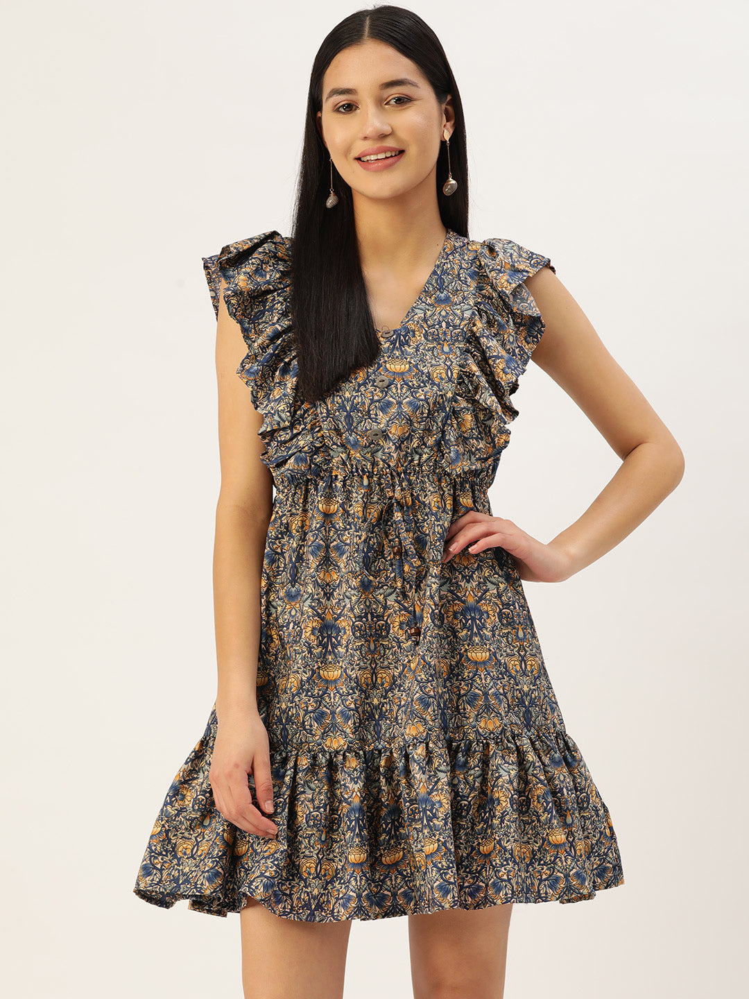 Printed Tiered Dress with frills