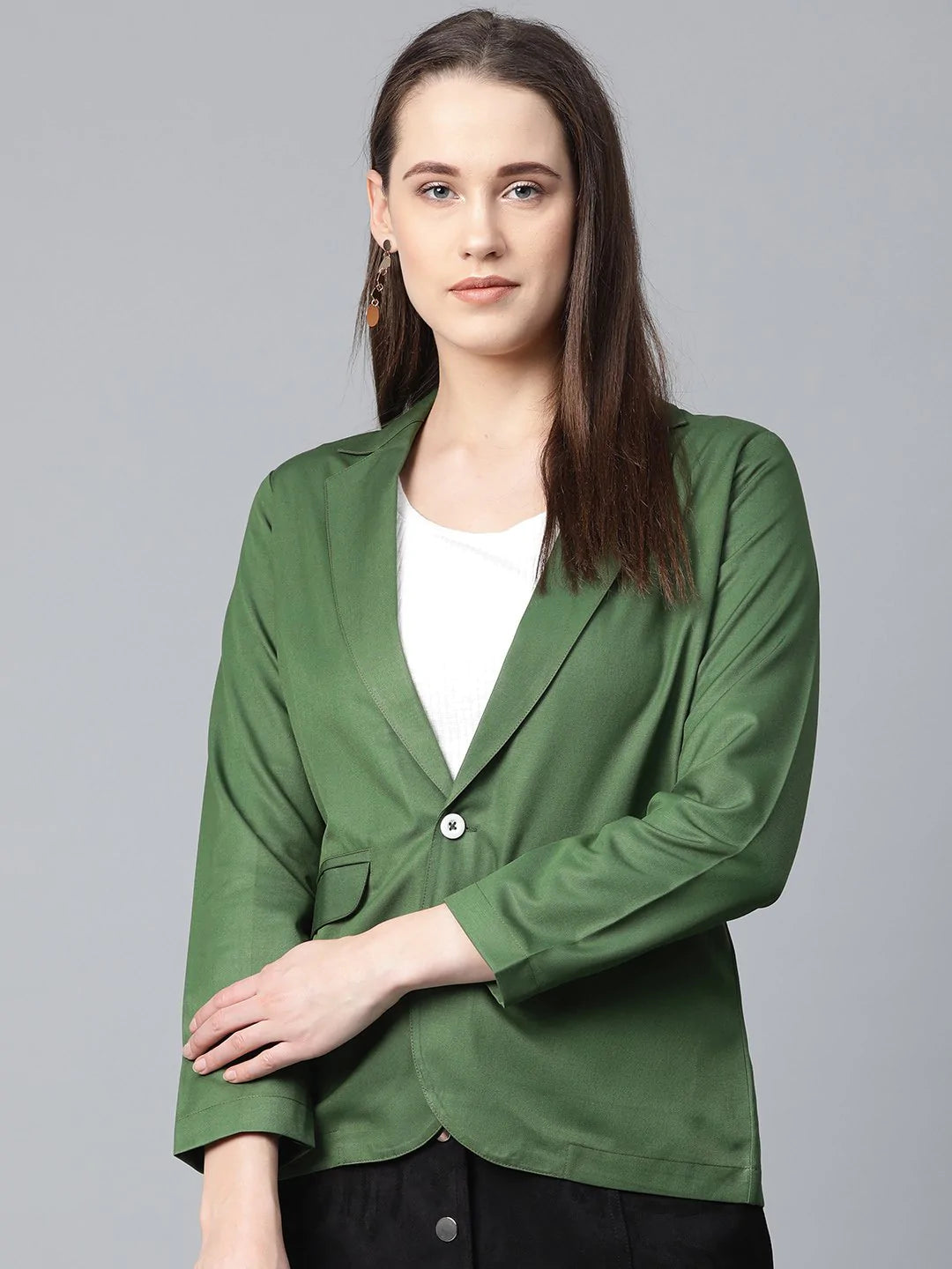 Jompers Women Olive Green Solid Single Breasted Smart Casual Blazer Jompers Wholesale