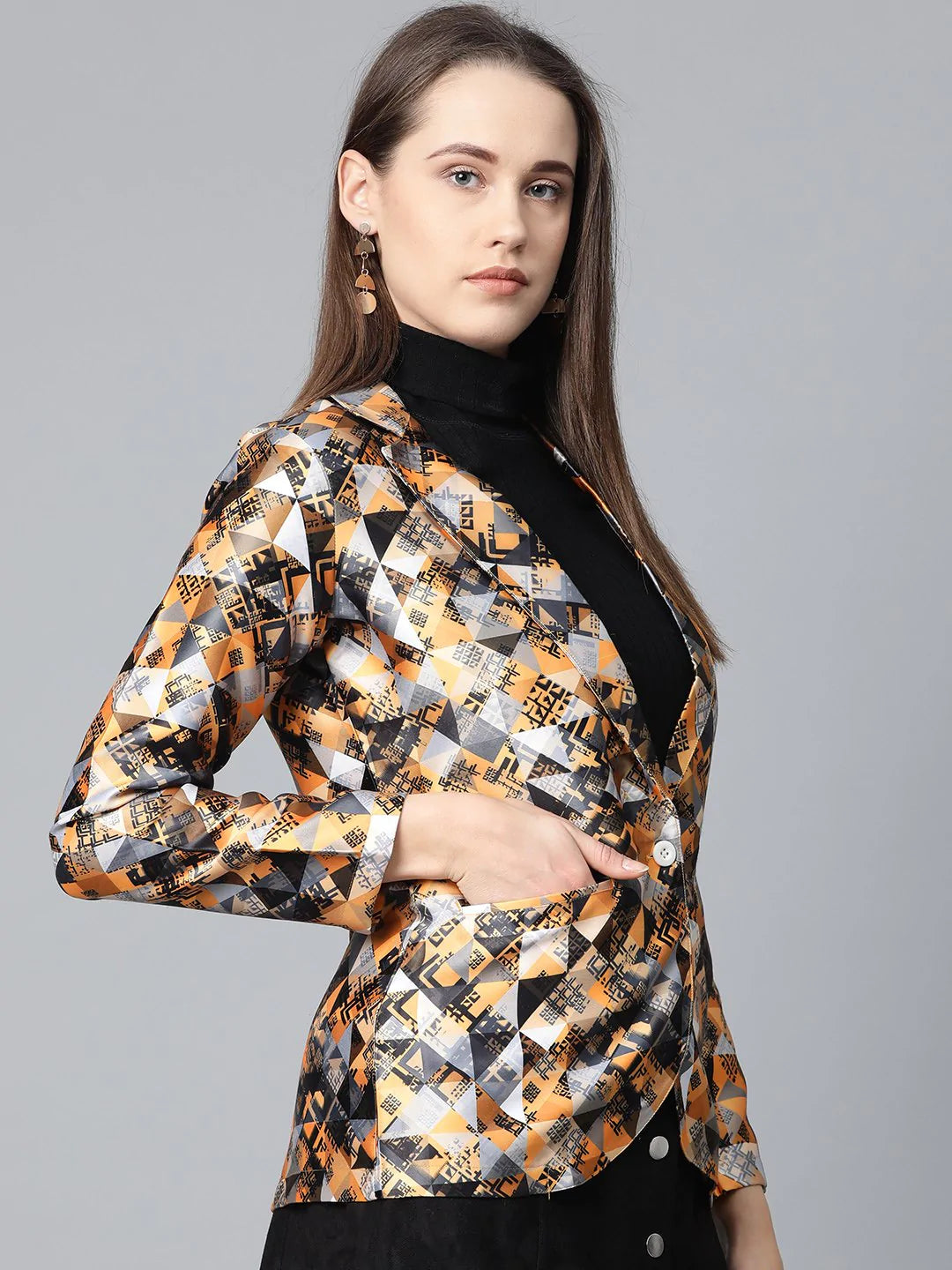 Jompers Women Mustard Yellow & Grey Satin Finish Printed Single-Breasted Blazer ( JOB 6002 Mustard )