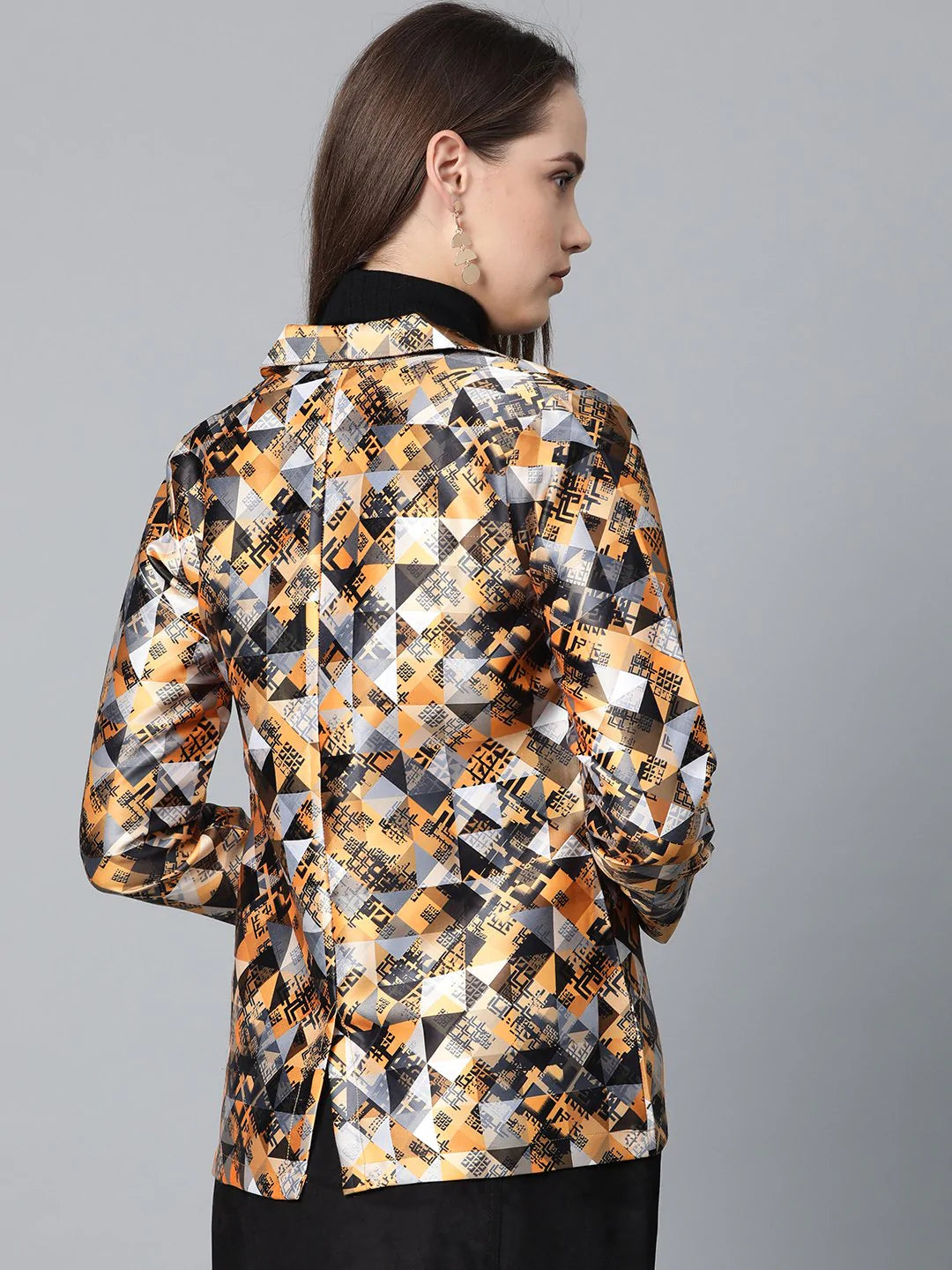Jompers Women Mustard Yellow & Grey Satin Finish Printed Single-Breasted Blazer ( JOB 6002 Mustard )