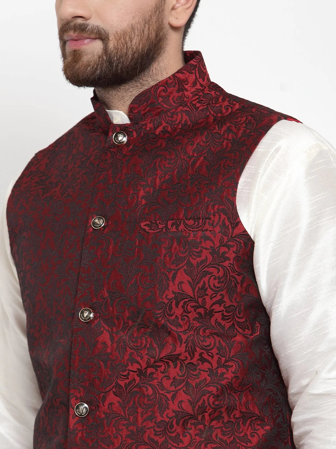 Jompers Men Maroon-Coloured & Black Woven Design Nehru Jacket ( JOWC 4004 Maroon)