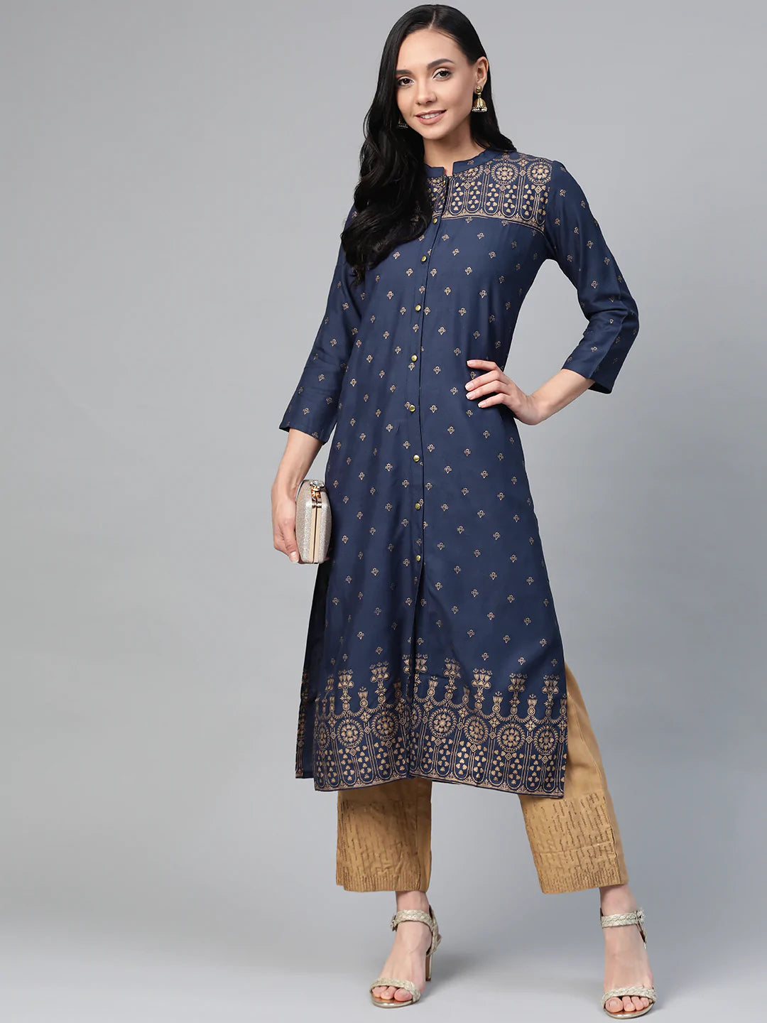 Jompers Women Navy Blue & Golden Block Print Straight Kurta ( JOK 1343 Navy )